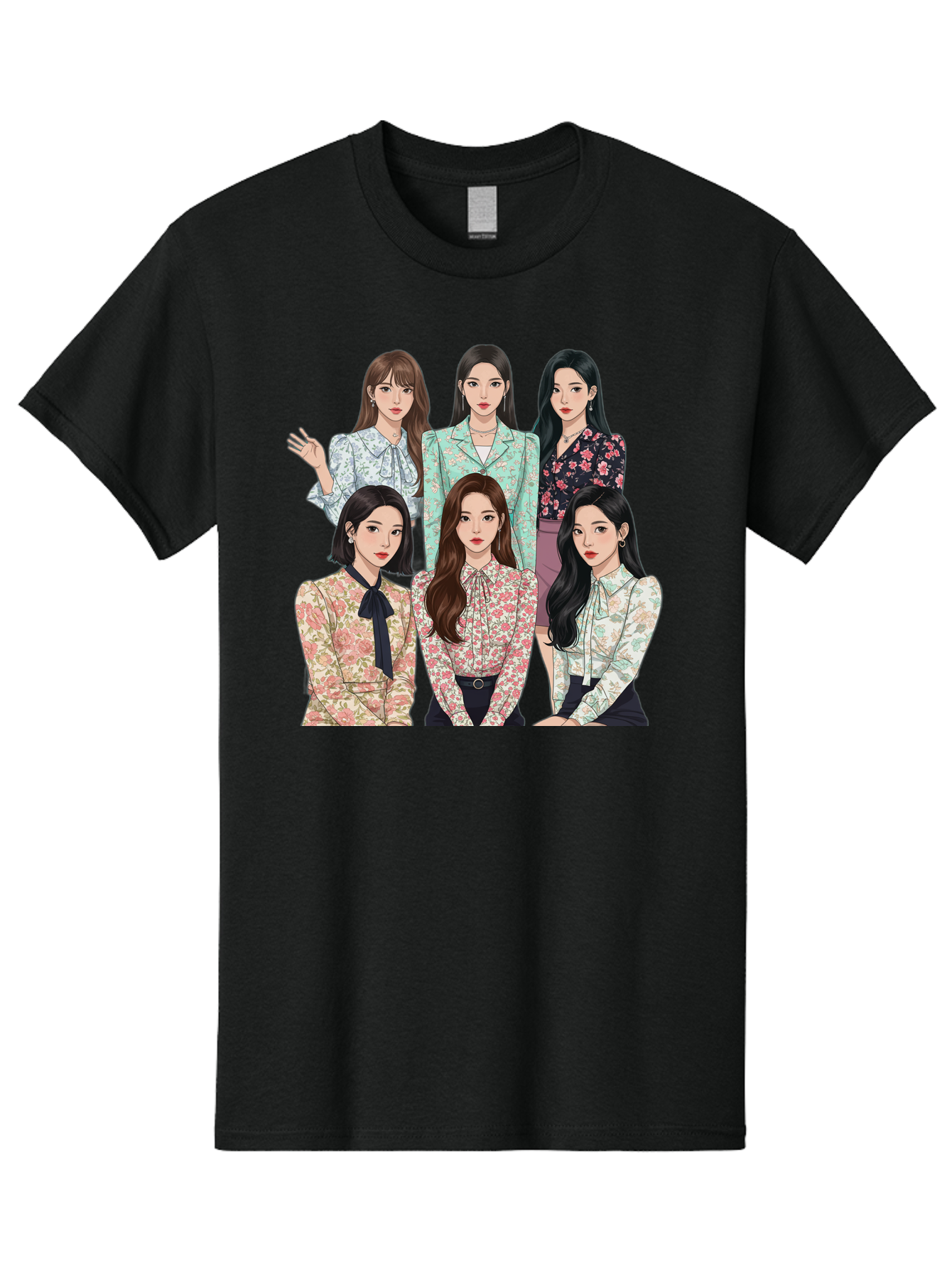 Girls-Generation Men'S Graphic Tee, 100% Cotton, Comfortable Casual Summer Wear, Machine Washable, K-Pop Group Illustration, Six Female Idols, Floral Blouses, Fashionable Outfits, Cartoon-Style Artwork, Long Black Hair, Stylish Poses, Bab961
