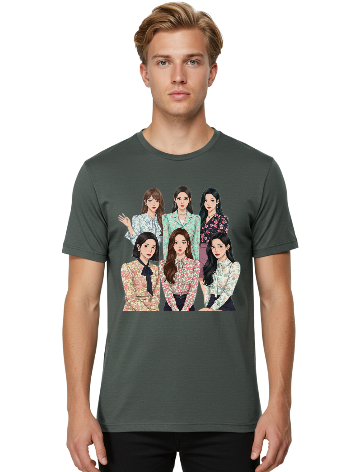 Girls-Generation Men'S Graphic Tee, 100% Cotton, Comfortable Casual Summer Wear, Machine Washable, K-Pop Group Illustration, Six Female Idols, Floral Blouses, Fashionable Outfits, Cartoon-Style Artwork, Long Black Hair, Stylish Poses, Bab961