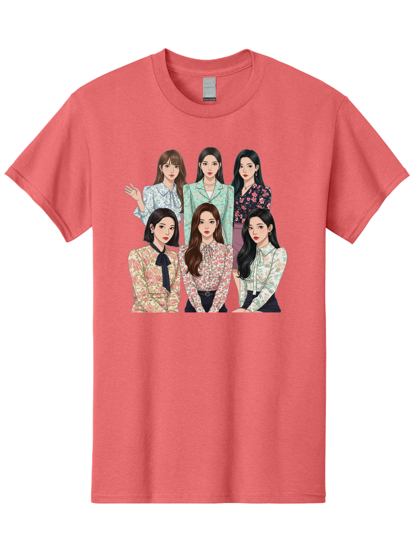 Girls-Generation Men'S Graphic Tee, 100% Cotton, Comfortable Casual Summer Wear, Machine Washable, K-Pop Group Illustration, Six Female Idols, Floral Blouses, Fashionable Outfits, Cartoon-Style Artwork, Long Black Hair, Stylish Poses, Bab961