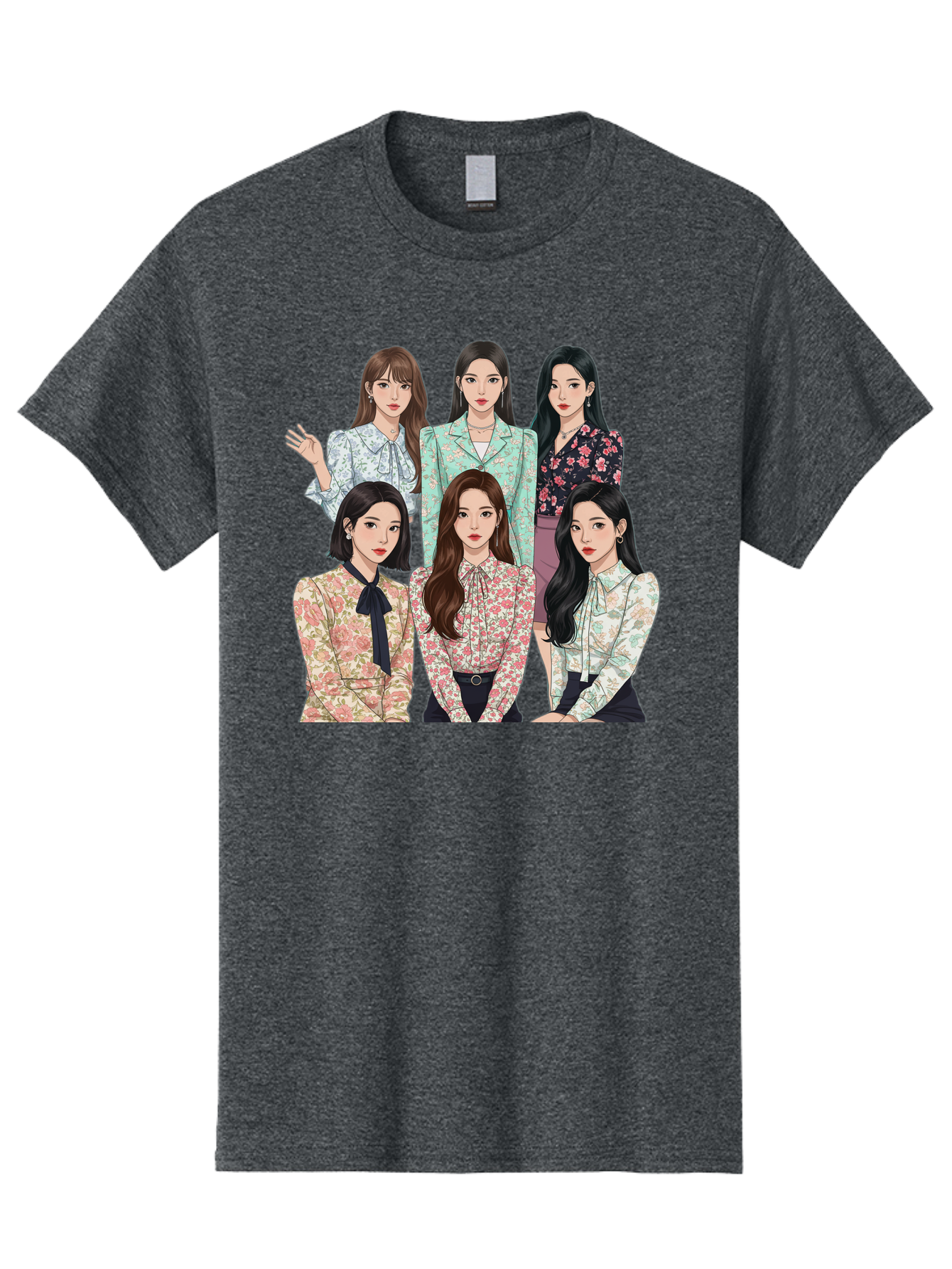 Girls-Generation Men'S Graphic Tee, 100% Cotton, Comfortable Casual Summer Wear, Machine Washable, K-Pop Group Illustration, Six Female Idols, Floral Blouses, Fashionable Outfits, Cartoon-Style Artwork, Long Black Hair, Stylish Poses, Bab961