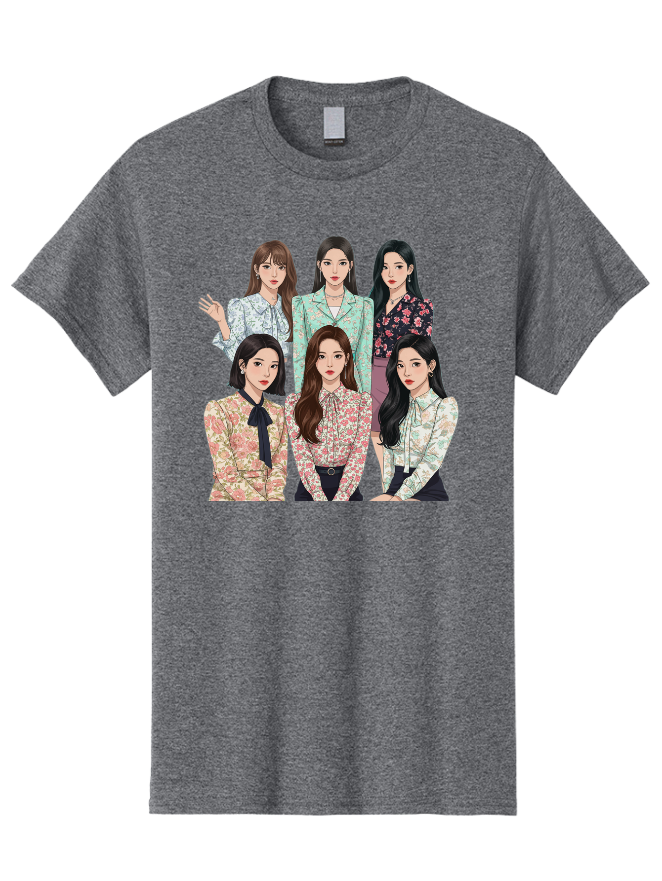 Girls-Generation Men'S Graphic Tee, 100% Cotton, Comfortable Casual Summer Wear, Machine Washable, K-Pop Group Illustration, Six Female Idols, Floral Blouses, Fashionable Outfits, Cartoon-Style Artwork, Long Black Hair, Stylish Poses, Bab961