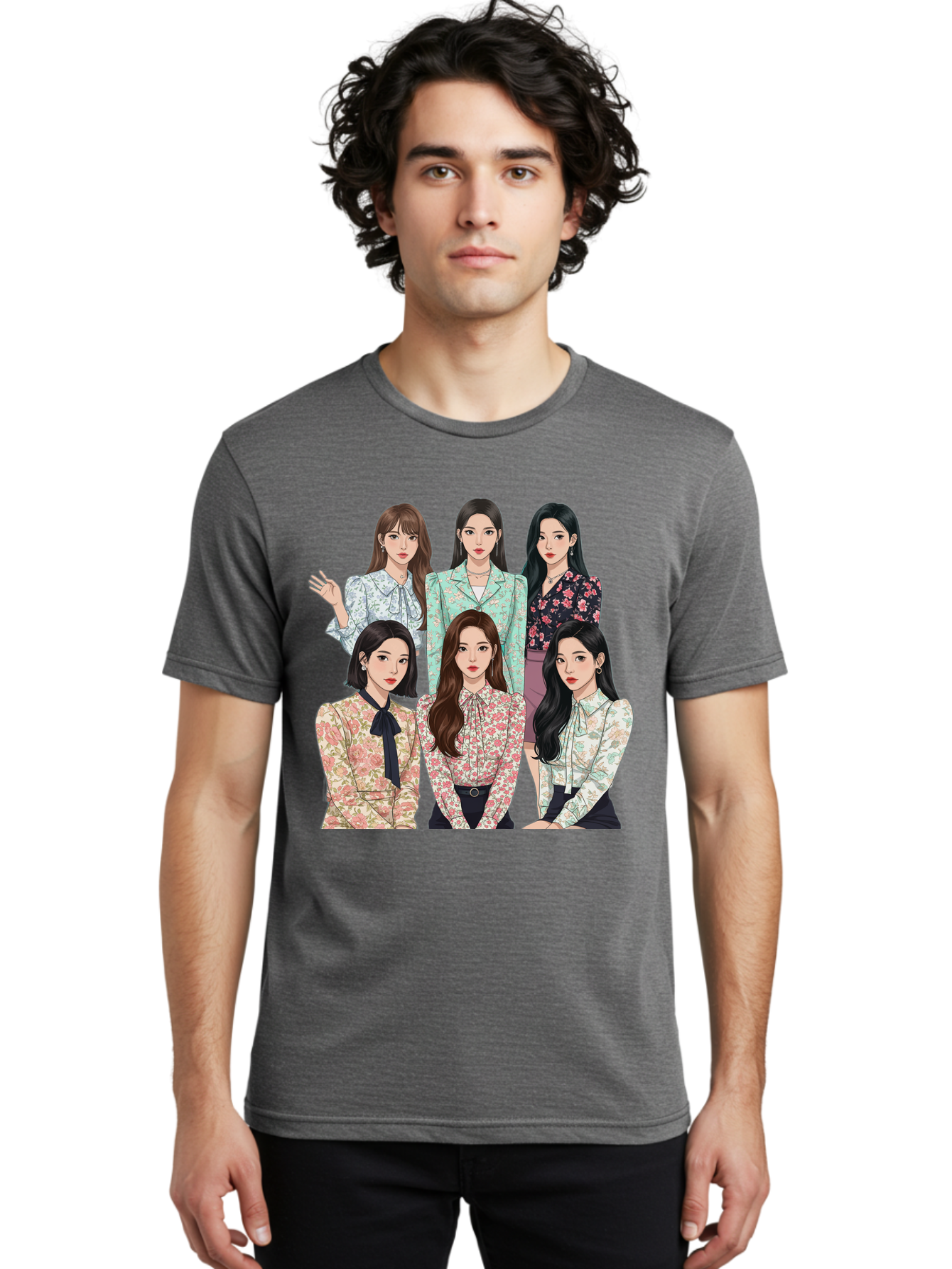 Girls-Generation Men'S Graphic Tee, 100% Cotton, Comfortable Casual Summer Wear, Machine Washable, K-Pop Group Illustration, Six Female Idols, Floral Blouses, Fashionable Outfits, Cartoon-Style Artwork, Long Black Hair, Stylish Poses, Bab961