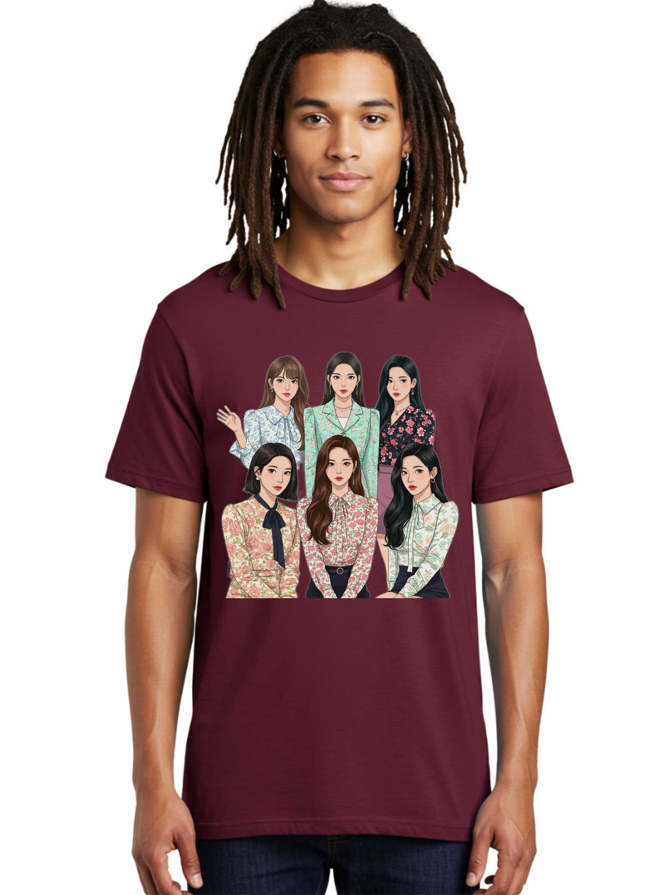 Girls-Generation Men'S Graphic Tee, 100% Cotton, Comfortable Casual Summer Wear, Machine Washable, K-Pop Group Illustration, Six Female Idols, Floral Blouses, Fashionable Outfits, Cartoon-Style Artwork, Long Black Hair, Stylish Poses, Bab961