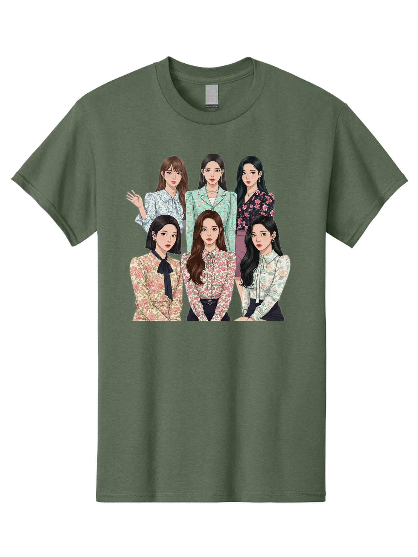 Girls-Generation Men'S Graphic Tee, 100% Cotton, Comfortable Casual Summer Wear, Machine Washable, K-Pop Group Illustration, Six Female Idols, Floral Blouses, Fashionable Outfits, Cartoon-Style Artwork, Long Black Hair, Stylish Poses, Bab961