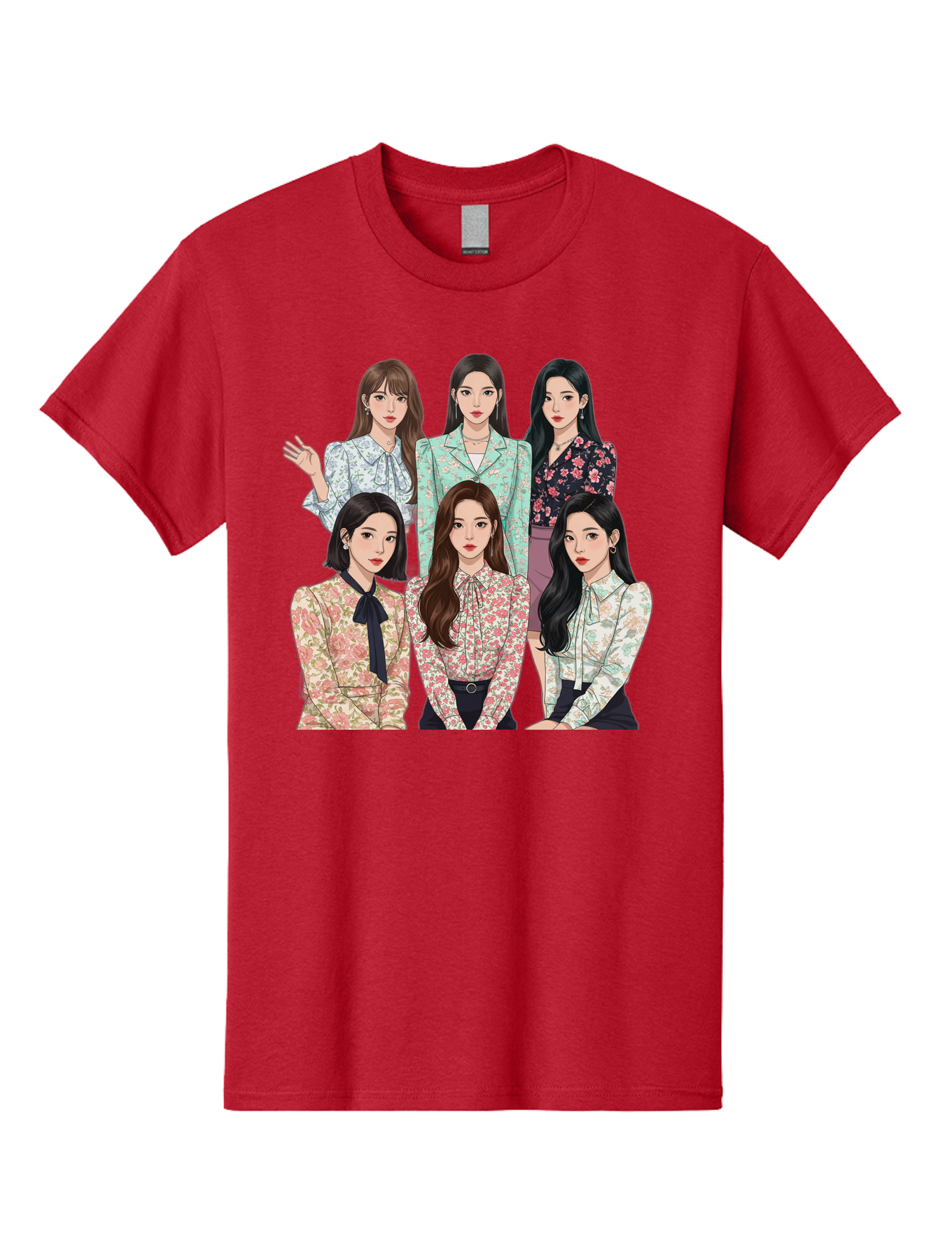 Girls-Generation Men'S Graphic Tee, 100% Cotton, Comfortable Casual Summer Wear, Machine Washable, K-Pop Group Illustration, Six Female Idols, Floral Blouses, Fashionable Outfits, Cartoon-Style Artwork, Long Black Hair, Stylish Poses, Bab961