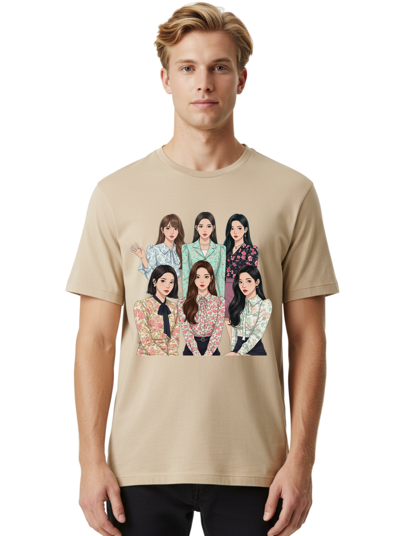 Girls-Generation Men'S Graphic Tee, 100% Cotton, Comfortable Casual Summer Wear, Machine Washable, K-Pop Group Illustration, Six Female Idols, Floral Blouses, Fashionable Outfits, Cartoon-Style Artwork, Long Black Hair, Stylish Poses, Bab961