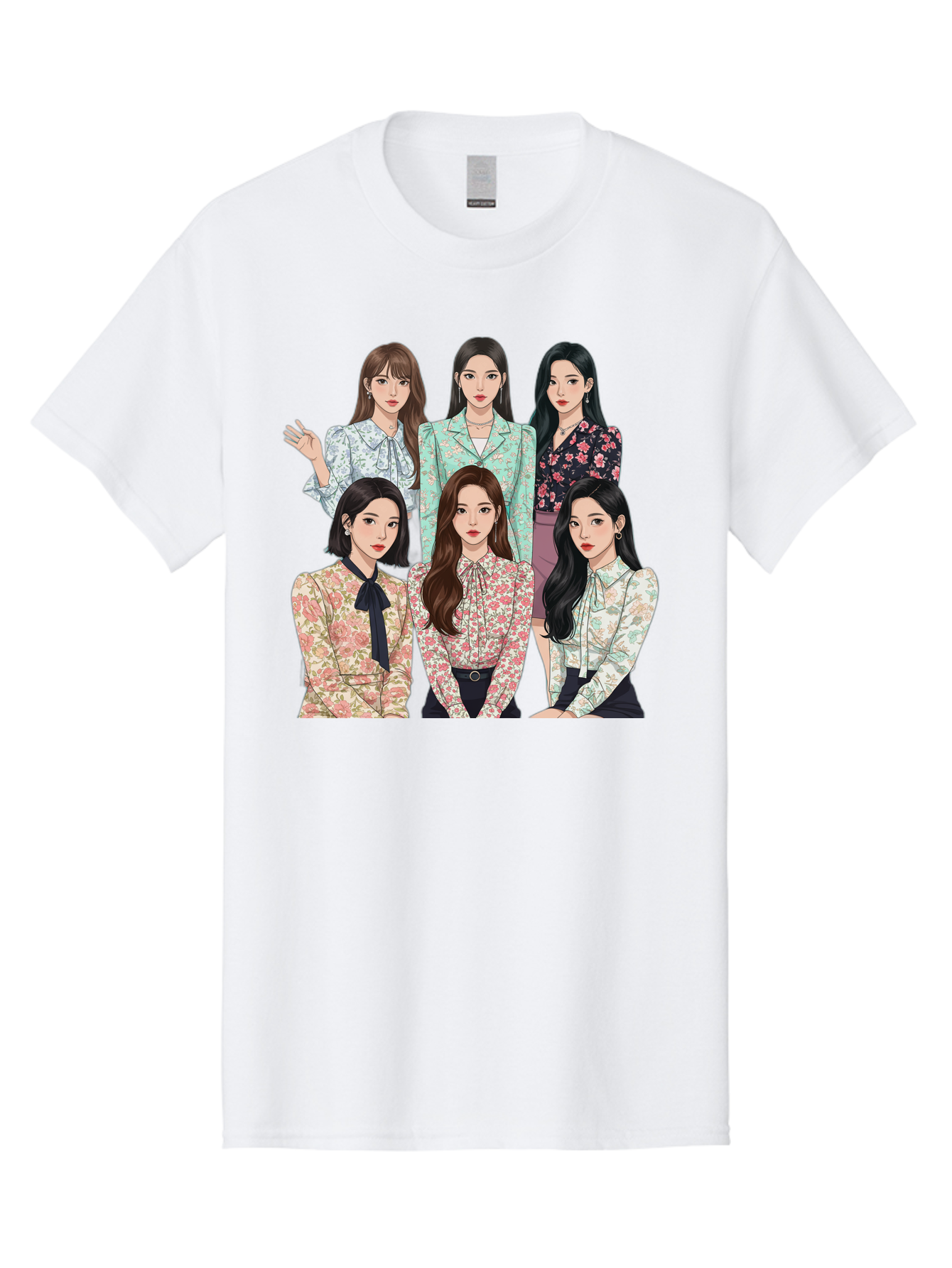 Girls-Generation Men'S Graphic Tee, 100% Cotton, Comfortable Casual Summer Wear, Machine Washable, K-Pop Group Illustration, Six Female Idols, Floral Blouses, Fashionable Outfits, Cartoon-Style Artwork, Long Black Hair, Stylish Poses, Bab961