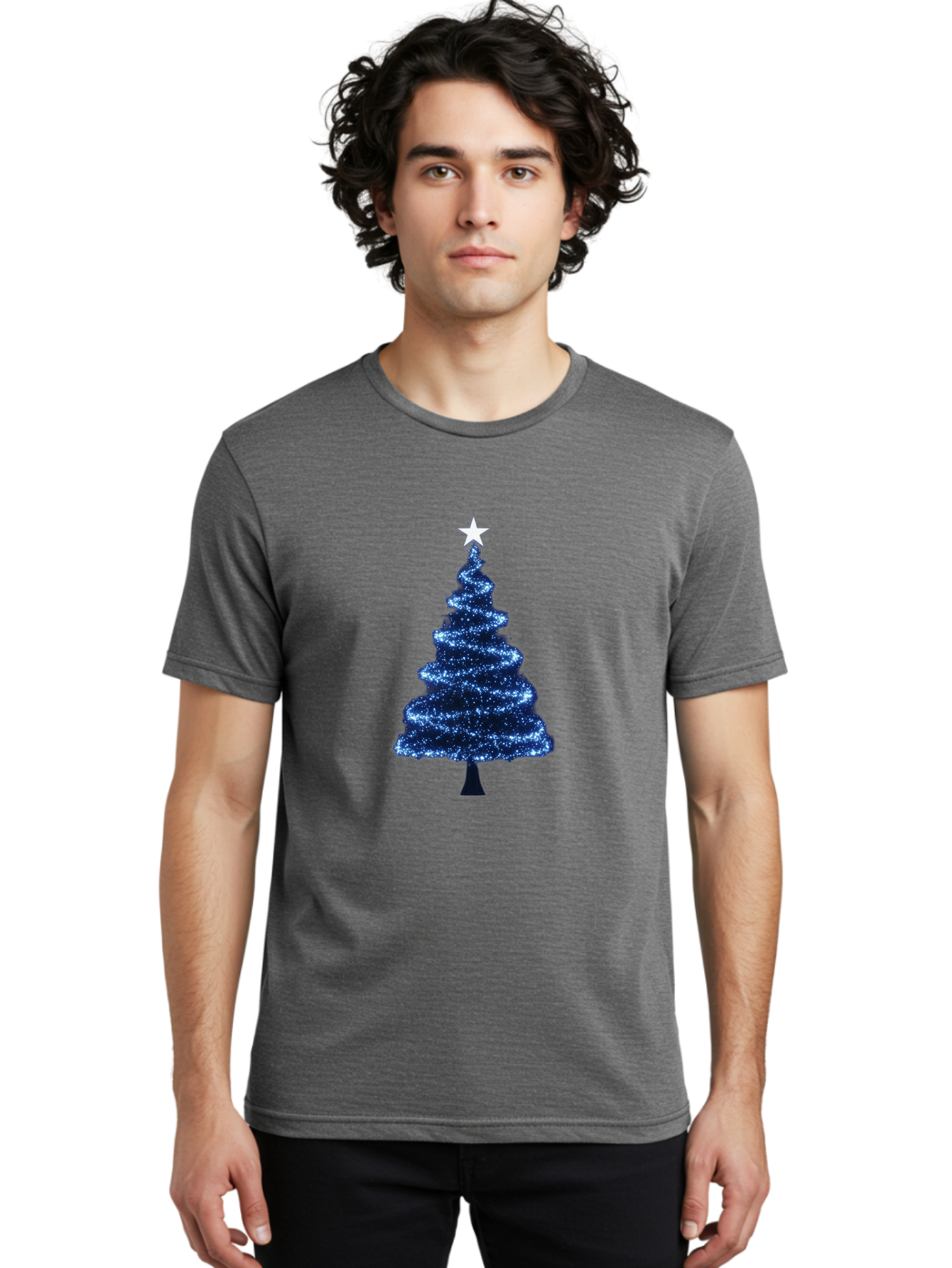 Glittering-Christmas-Tree Men'S Graphic Tee, 100% Cotton, Comfortable Casual Summer Wear, Machine Washable, Blue Christmas Tree, Dark Blue Decorations, Star On Top, Sparkling Lights, Festive Atmosphere, Holiday Season, Winter Wonderland, Bab962