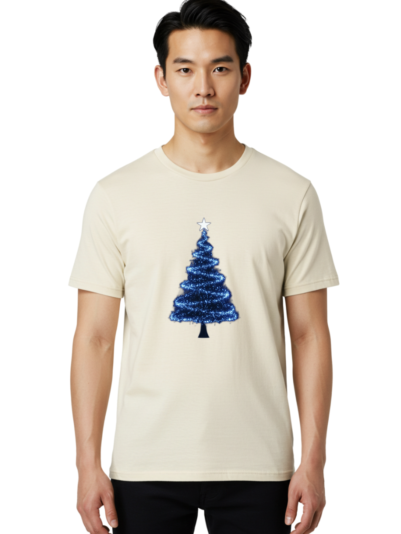 Glittering-Christmas-Tree Men'S Graphic Tee, 100% Cotton, Comfortable Casual Summer Wear, Machine Washable, Blue Christmas Tree, Dark Blue Decorations, Star On Top, Sparkling Lights, Festive Atmosphere, Holiday Season, Winter Wonderland, Bab962
