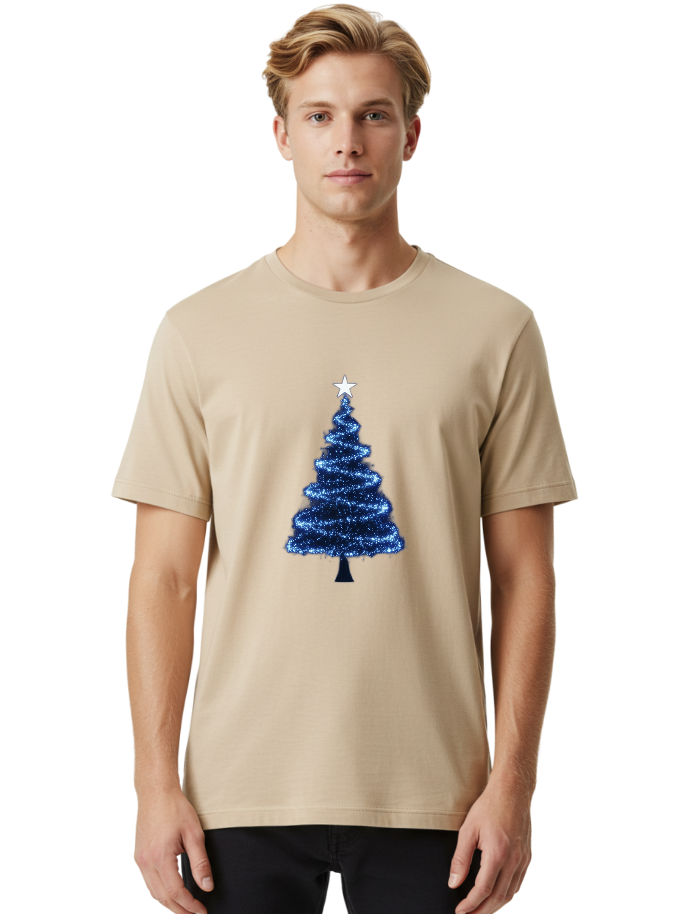 Glittering-Christmas-Tree Men'S Graphic Tee, 100% Cotton, Comfortable Casual Summer Wear, Machine Washable, Blue Christmas Tree, Dark Blue Decorations, Star On Top, Sparkling Lights, Festive Atmosphere, Holiday Season, Winter Wonderland, Bab962
