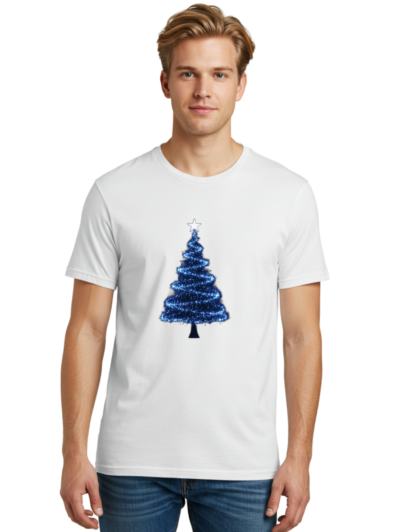 Glittering-Christmas-Tree Men'S Graphic Tee, 100% Cotton, Comfortable Casual Summer Wear, Machine Washable, Blue Christmas Tree, Dark Blue Decorations, Star On Top, Sparkling Lights, Festive Atmosphere, Holiday Season, Winter Wonderland, Bab962
