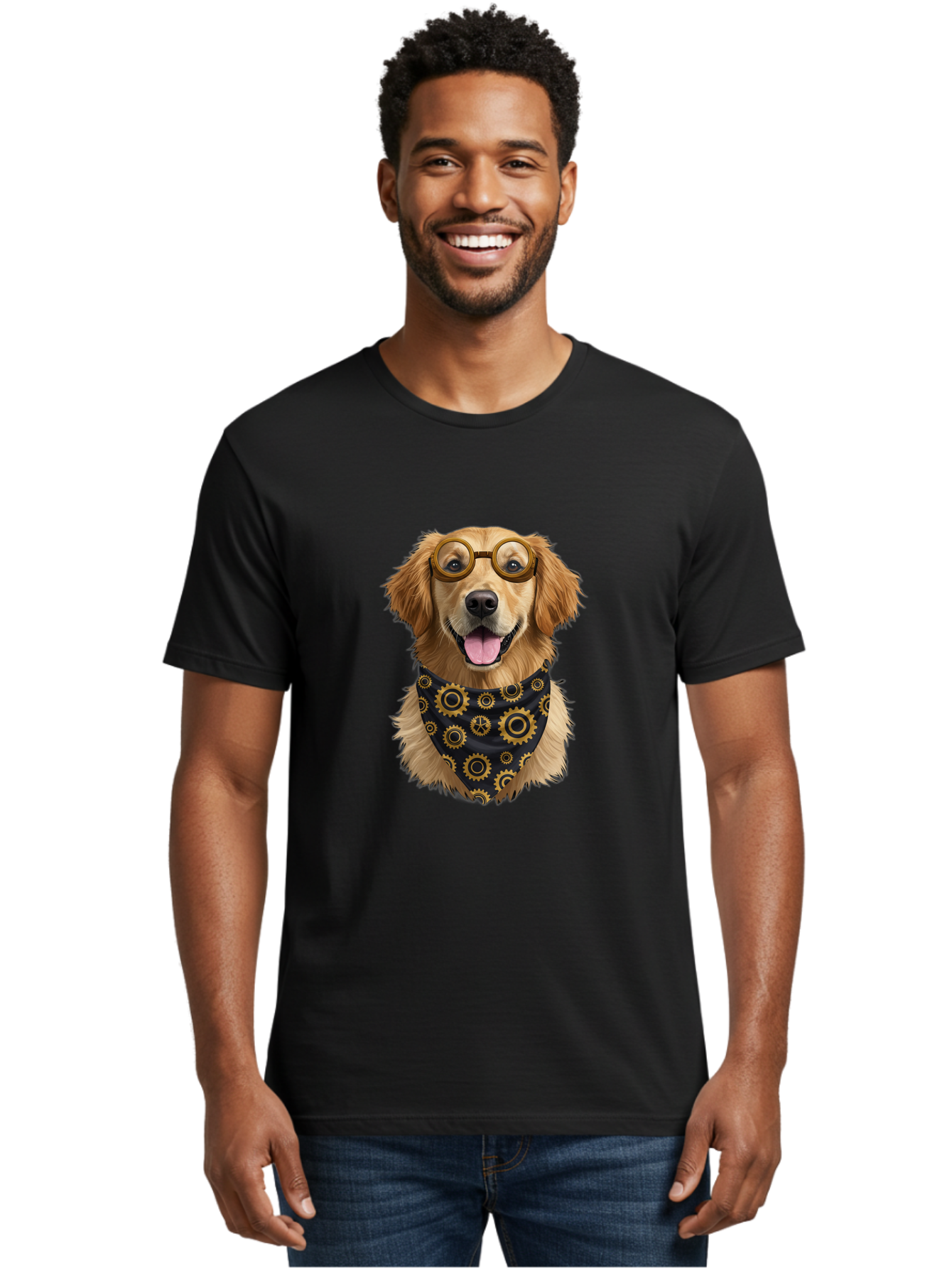 Goggles-Dog Men'S Graphic Tee, 100% Cotton, Comfortable Casual Summer Wear, Machine Washable, Steampunk Dog, Golden Retriever, Goggles, Bandana, Gears, Steampunk Style, Vintage, Eccentric, Quirky, Mechanical, Imaginative, Fantasy, Creative Bab963