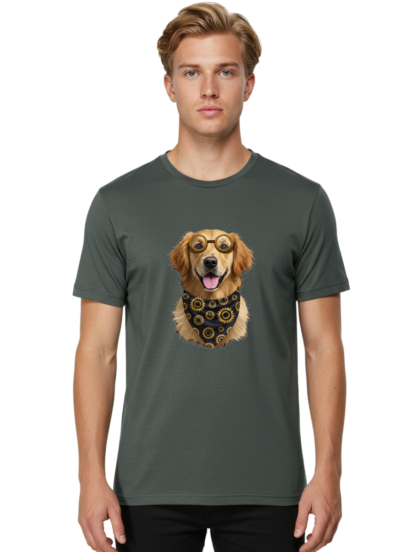 Goggles-Dog Men'S Graphic Tee, 100% Cotton, Comfortable Casual Summer Wear, Machine Washable, Steampunk Dog, Golden Retriever, Goggles, Bandana, Gears, Steampunk Style, Vintage, Eccentric, Quirky, Mechanical, Imaginative, Fantasy, Creative Bab963