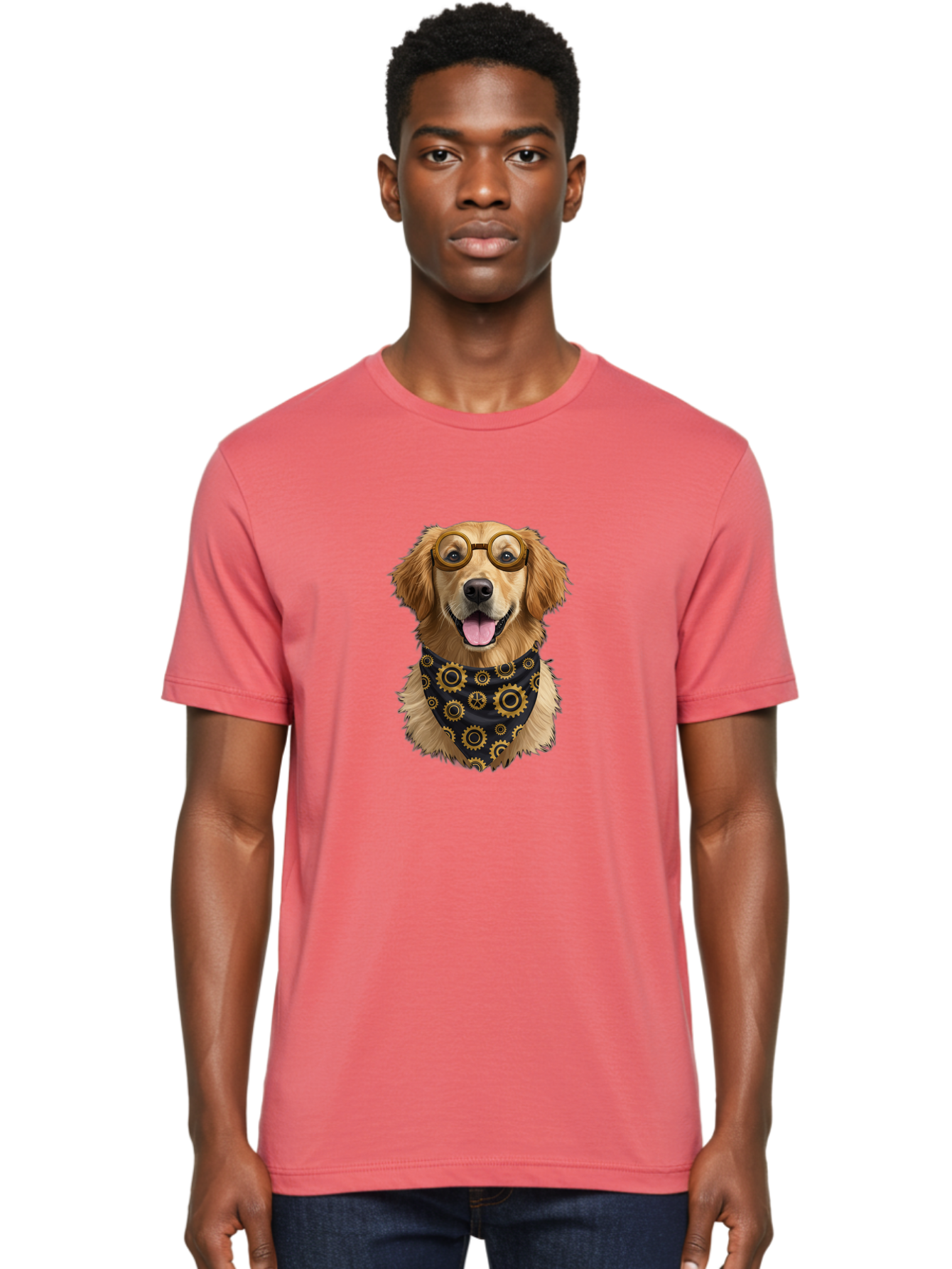 Goggles-Dog Men'S Graphic Tee, 100% Cotton, Comfortable Casual Summer Wear, Machine Washable, Steampunk Dog, Golden Retriever, Goggles, Bandana, Gears, Steampunk Style, Vintage, Eccentric, Quirky, Mechanical, Imaginative, Fantasy, Creative Bab963