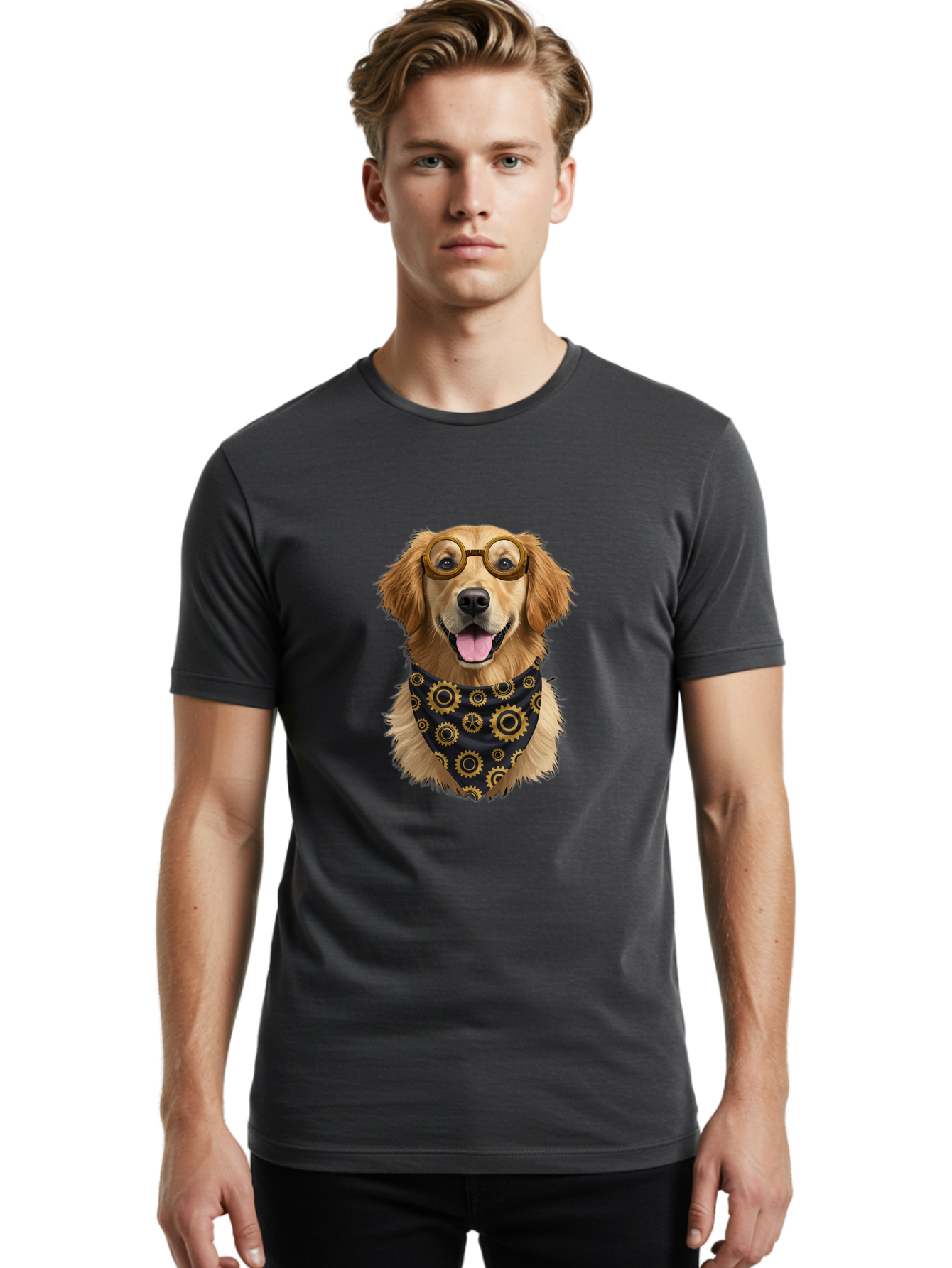 Goggles-Dog Men'S Graphic Tee, 100% Cotton, Comfortable Casual Summer Wear, Machine Washable, Steampunk Dog, Golden Retriever, Goggles, Bandana, Gears, Steampunk Style, Vintage, Eccentric, Quirky, Mechanical, Imaginative, Fantasy, Creative Bab963