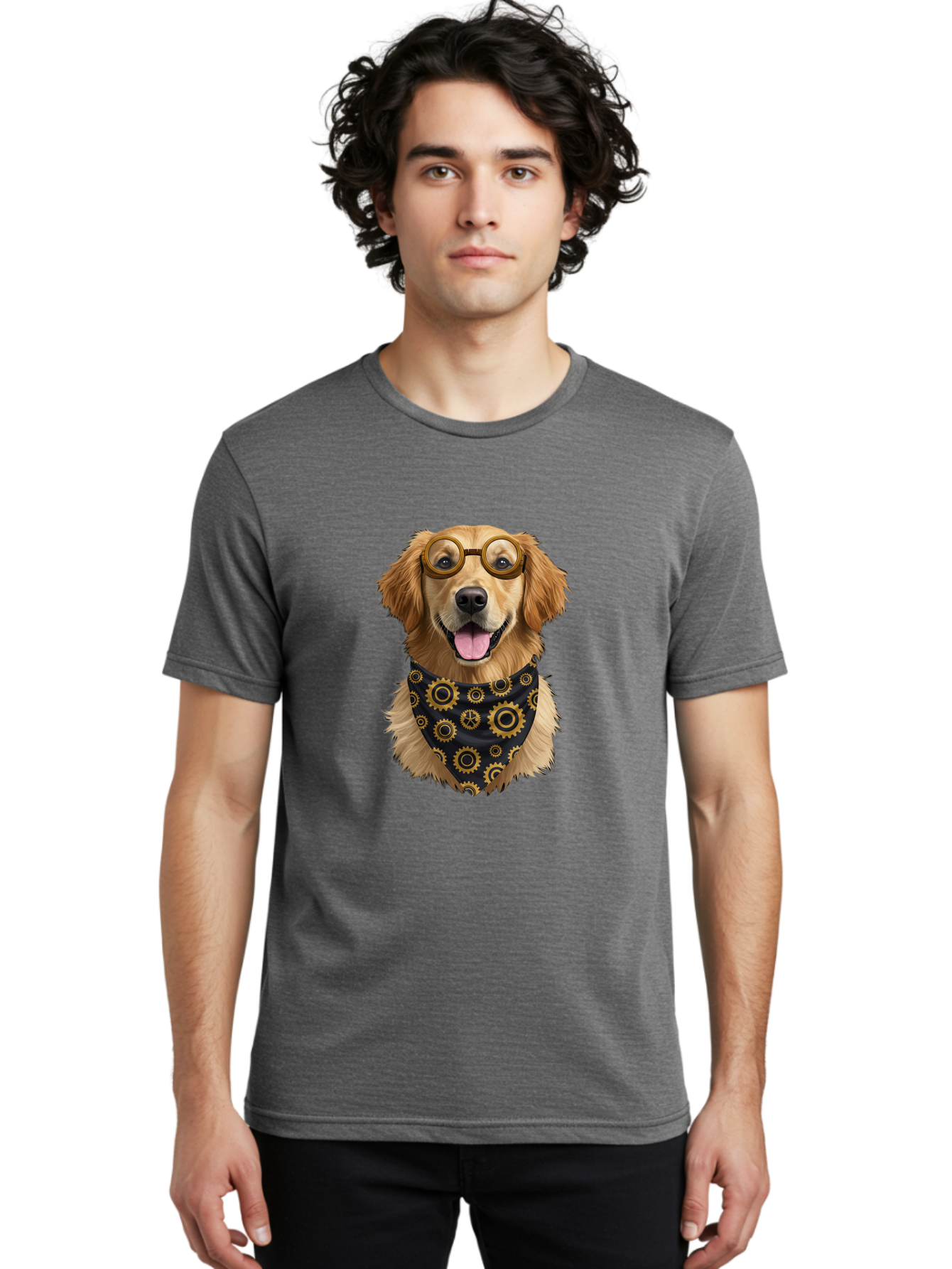 Goggles-Dog Men'S Graphic Tee, 100% Cotton, Comfortable Casual Summer Wear, Machine Washable, Steampunk Dog, Golden Retriever, Goggles, Bandana, Gears, Steampunk Style, Vintage, Eccentric, Quirky, Mechanical, Imaginative, Fantasy, Creative Bab963