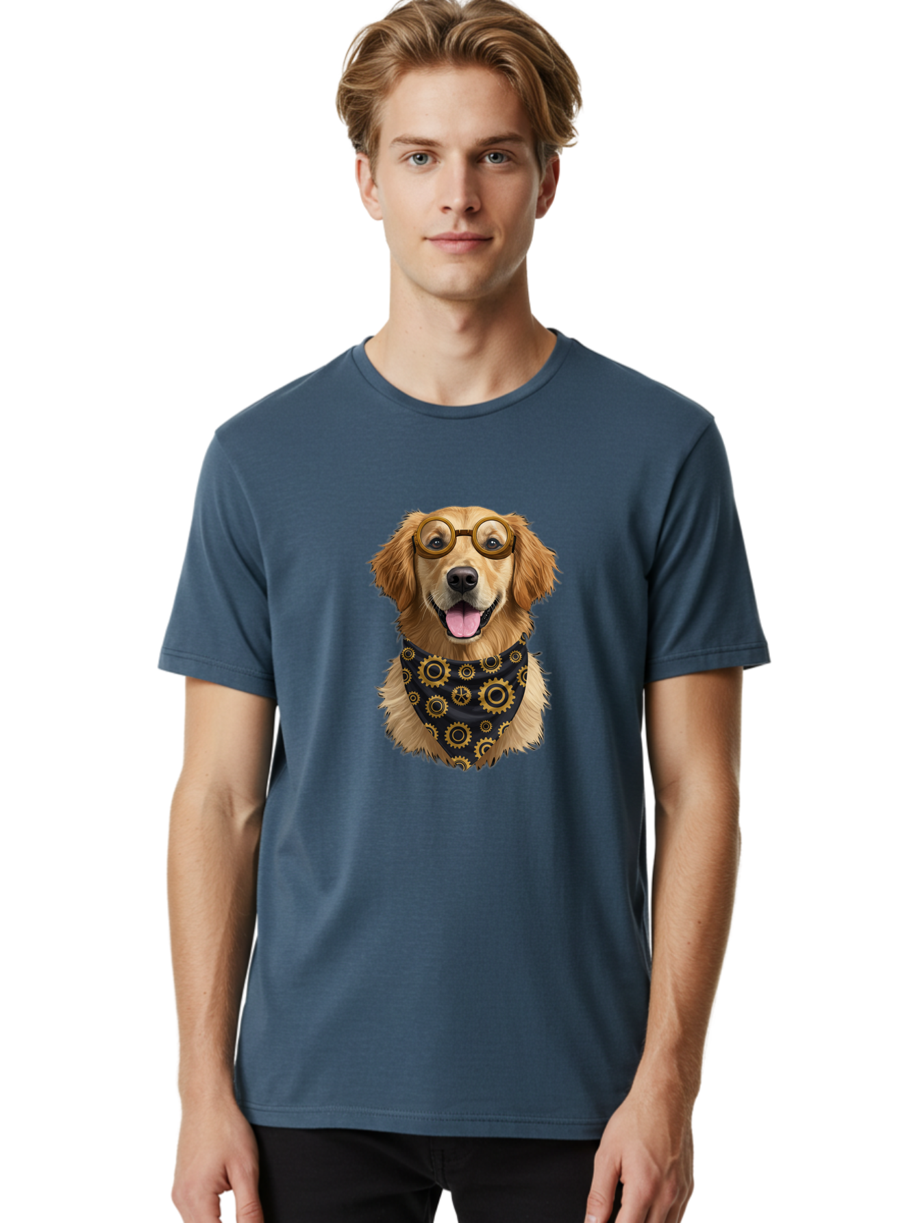 Goggles-Dog Men'S Graphic Tee, 100% Cotton, Comfortable Casual Summer Wear, Machine Washable, Steampunk Dog, Golden Retriever, Goggles, Bandana, Gears, Steampunk Style, Vintage, Eccentric, Quirky, Mechanical, Imaginative, Fantasy, Creative Bab963