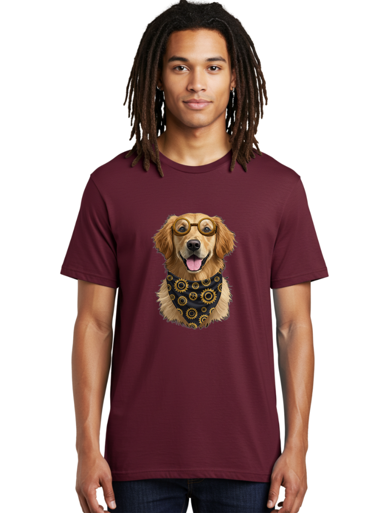 Goggles-Dog Men'S Graphic Tee, 100% Cotton, Comfortable Casual Summer Wear, Machine Washable, Steampunk Dog, Golden Retriever, Goggles, Bandana, Gears, Steampunk Style, Vintage, Eccentric, Quirky, Mechanical, Imaginative, Fantasy, Creative Bab963