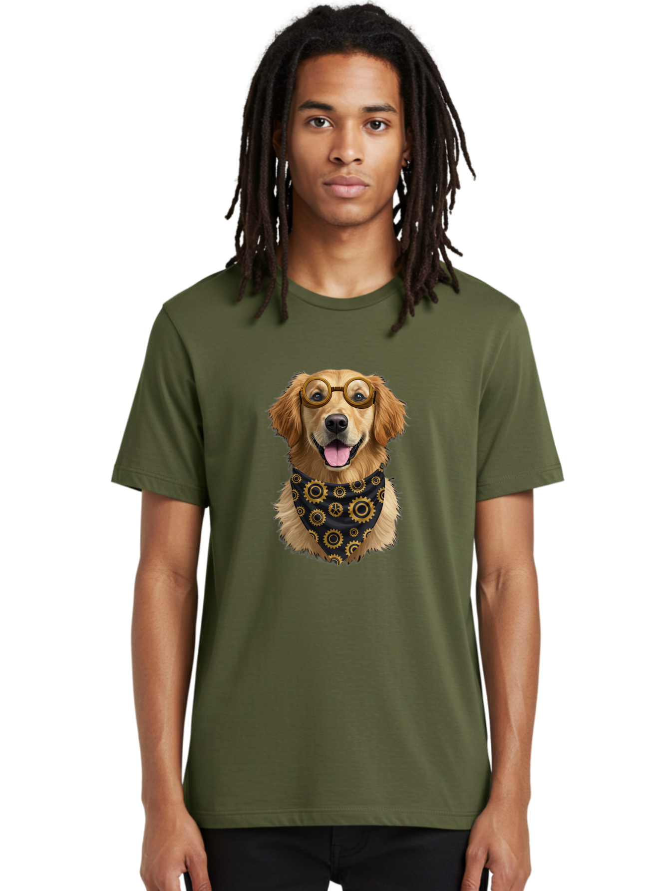 Goggles-Dog Men'S Graphic Tee, 100% Cotton, Comfortable Casual Summer Wear, Machine Washable, Steampunk Dog, Golden Retriever, Goggles, Bandana, Gears, Steampunk Style, Vintage, Eccentric, Quirky, Mechanical, Imaginative, Fantasy, Creative Bab963