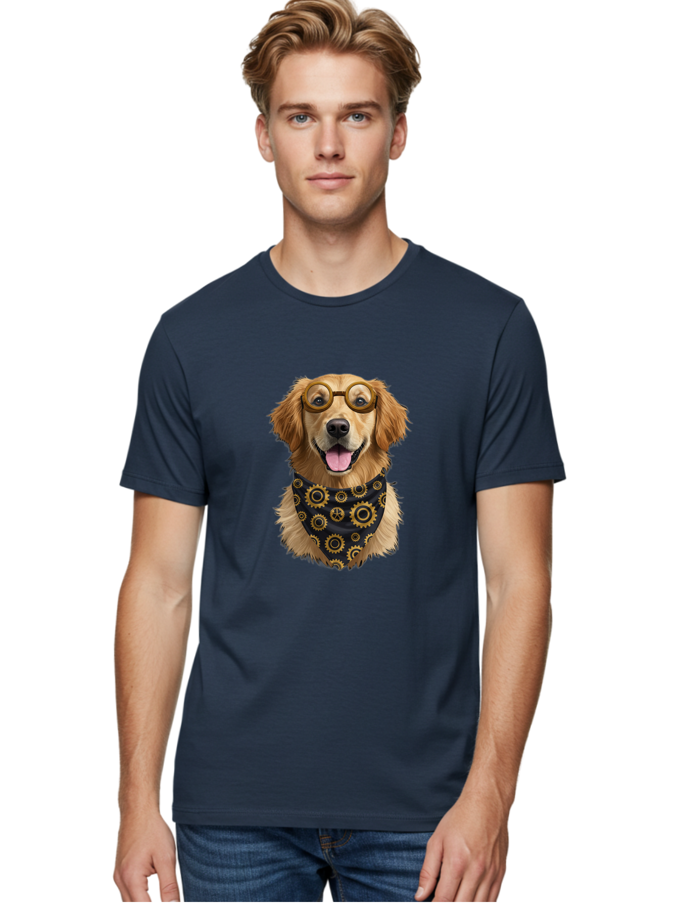 Goggles-Dog Men'S Graphic Tee, 100% Cotton, Comfortable Casual Summer Wear, Machine Washable, Steampunk Dog, Golden Retriever, Goggles, Bandana, Gears, Steampunk Style, Vintage, Eccentric, Quirky, Mechanical, Imaginative, Fantasy, Creative Bab963