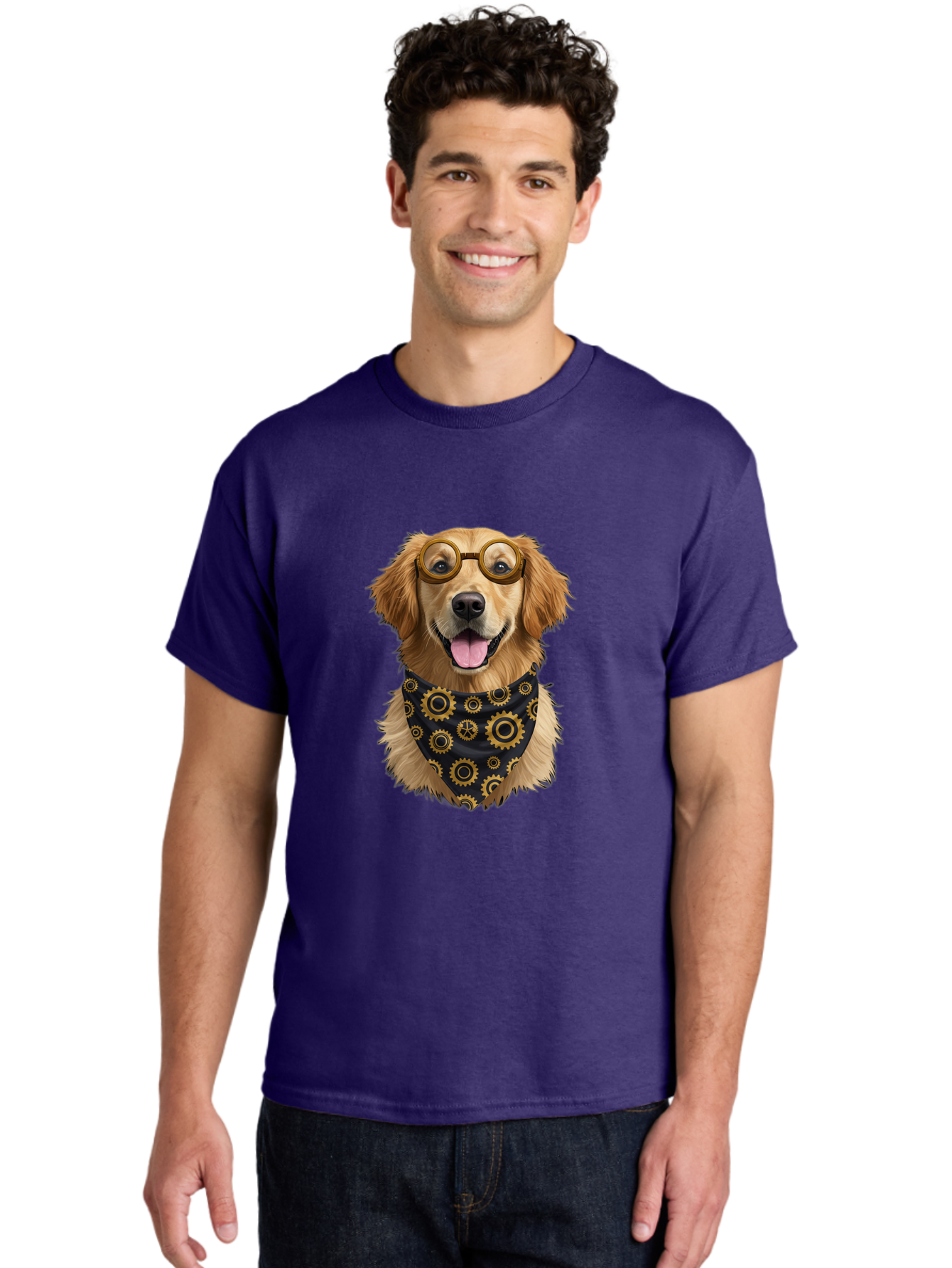 Goggles-Dog Men'S Graphic Tee, 100% Cotton, Comfortable Casual Summer Wear, Machine Washable, Steampunk Dog, Golden Retriever, Goggles, Bandana, Gears, Steampunk Style, Vintage, Eccentric, Quirky, Mechanical, Imaginative, Fantasy, Creative Bab963