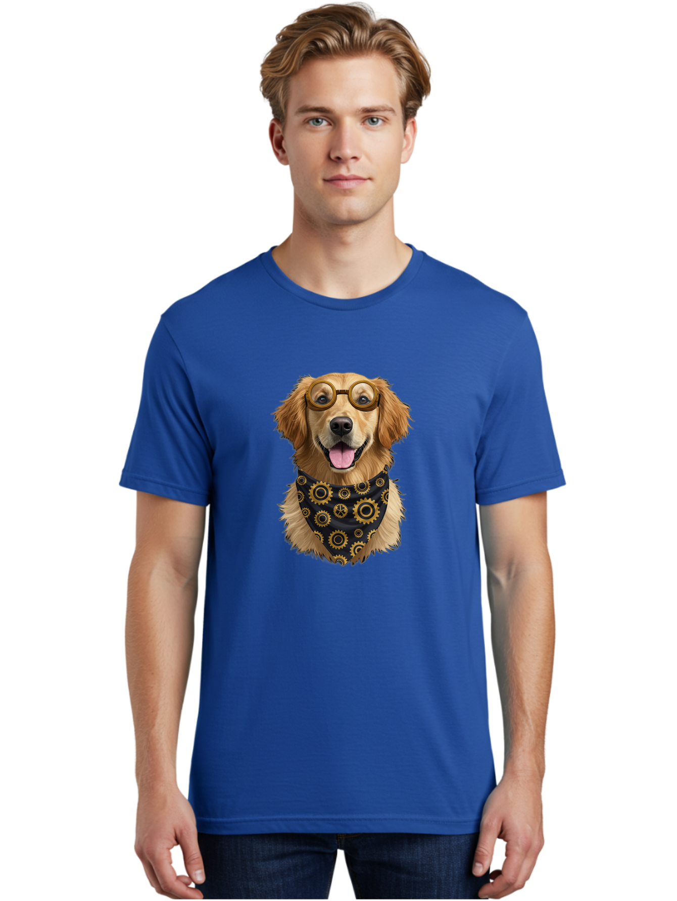 Goggles-Dog Men'S Graphic Tee, 100% Cotton, Comfortable Casual Summer Wear, Machine Washable, Steampunk Dog, Golden Retriever, Goggles, Bandana, Gears, Steampunk Style, Vintage, Eccentric, Quirky, Mechanical, Imaginative, Fantasy, Creative Bab963