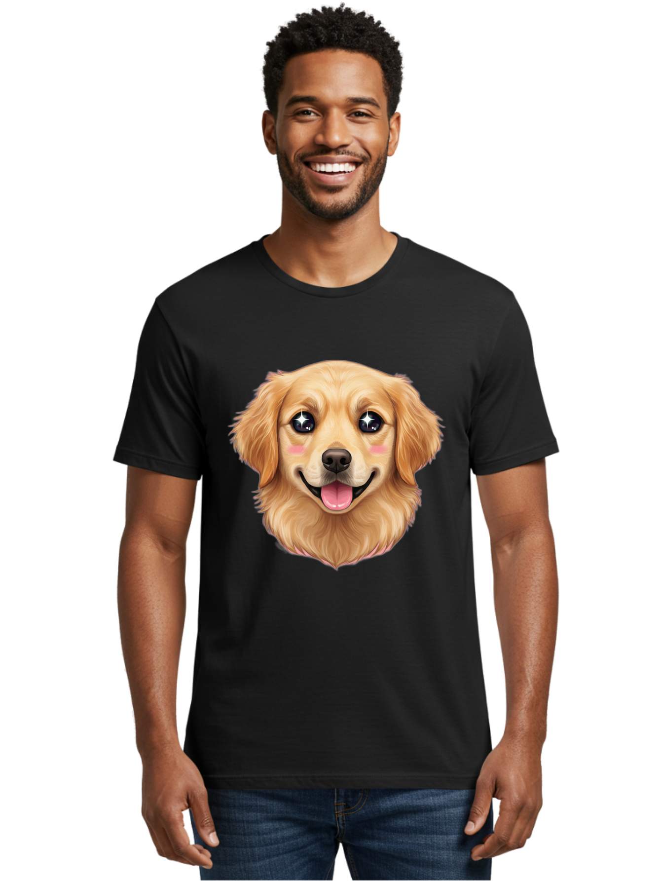 Golden-Dog-Head Men'S Graphic Tee, 100% Cotton, Comfortable Casual Summer Wear, Machine Washable, Cartoon Dog Face, Golden Retriever, Cute Dog, Dog Eyes, Sparkle Eyes, Happy Dog, Dog Smile, Playful Dog, Dog Illustration, Kawaii Dog, Bab964