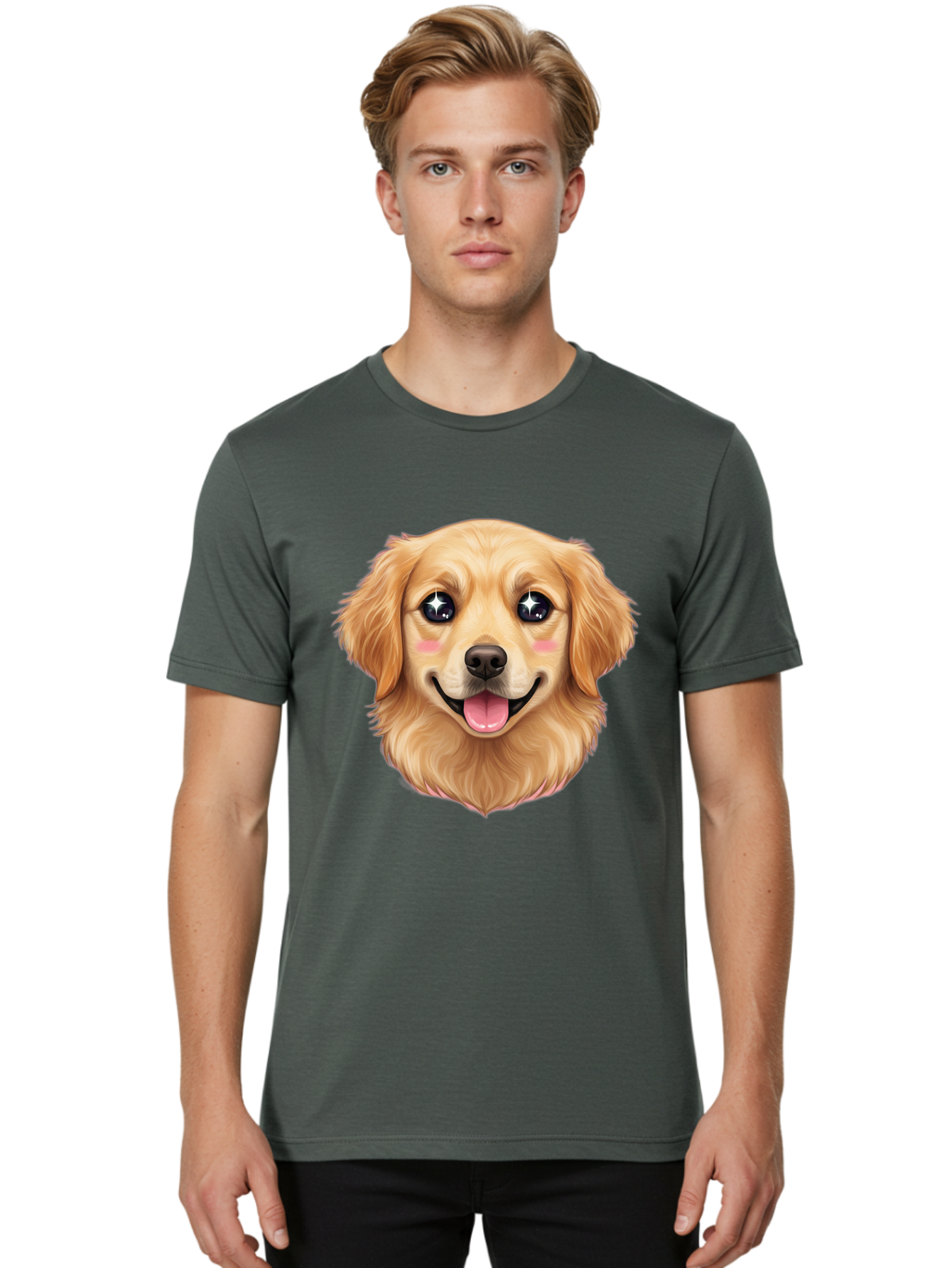 Golden-Dog-Head Men'S Graphic Tee, 100% Cotton, Comfortable Casual Summer Wear, Machine Washable, Cartoon Dog Face, Golden Retriever, Cute Dog, Dog Eyes, Sparkle Eyes, Happy Dog, Dog Smile, Playful Dog, Dog Illustration, Kawaii Dog, Bab964
