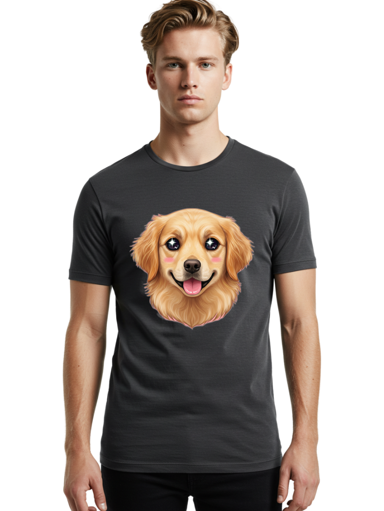 Golden-Dog-Head Men'S Graphic Tee, 100% Cotton, Comfortable Casual Summer Wear, Machine Washable, Cartoon Dog Face, Golden Retriever, Cute Dog, Dog Eyes, Sparkle Eyes, Happy Dog, Dog Smile, Playful Dog, Dog Illustration, Kawaii Dog, Bab964
