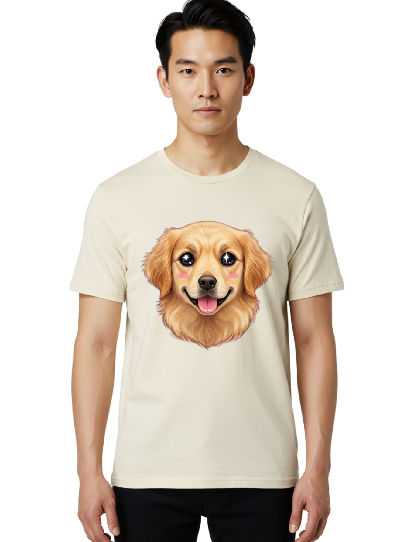 Golden-Dog-Head Men'S Graphic Tee, 100% Cotton, Comfortable Casual Summer Wear, Machine Washable, Cartoon Dog Face, Golden Retriever, Cute Dog, Dog Eyes, Sparkle Eyes, Happy Dog, Dog Smile, Playful Dog, Dog Illustration, Kawaii Dog, Bab964