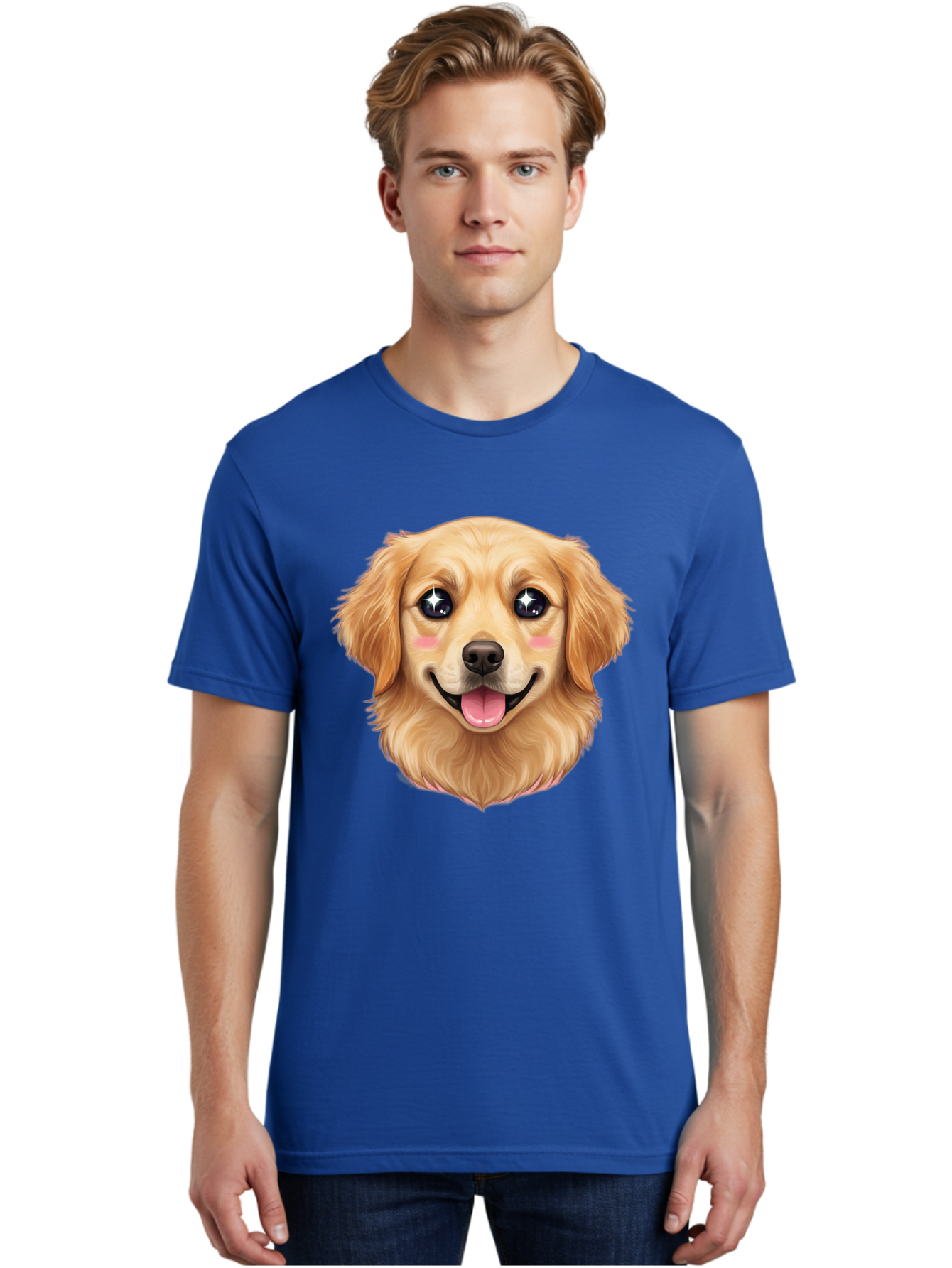 Golden-Dog-Head Men'S Graphic Tee, 100% Cotton, Comfortable Casual Summer Wear, Machine Washable, Cartoon Dog Face, Golden Retriever, Cute Dog, Dog Eyes, Sparkle Eyes, Happy Dog, Dog Smile, Playful Dog, Dog Illustration, Kawaii Dog, Bab964