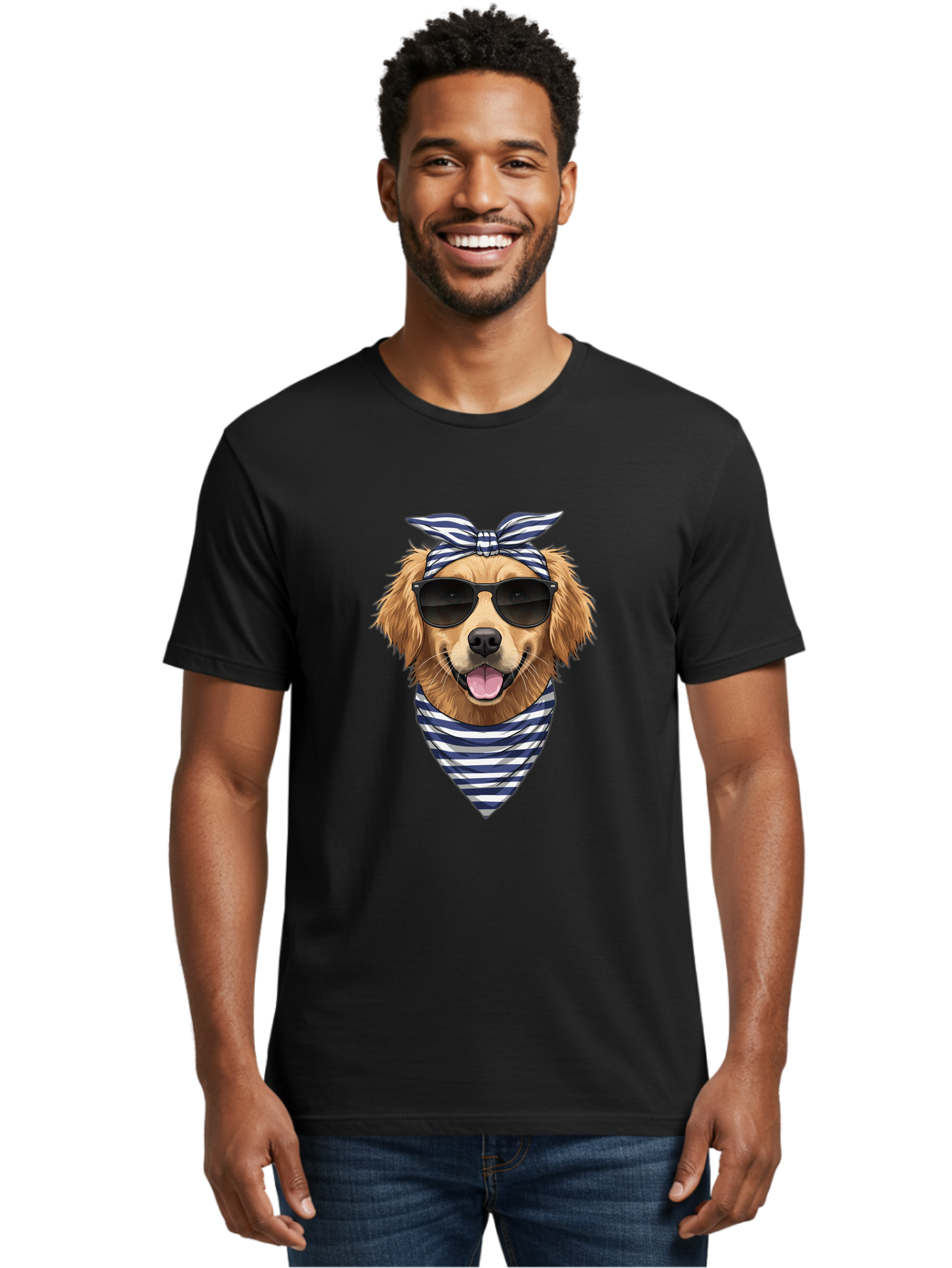 Golden-Dog Men'S Graphic Tee, 100% Cotton, Comfortable Casual Summer Wear, Machine Washable, Cool Dog, Dog Wearing Sunglasses, Retro Dog, Dog With Bandana, Cute Canine, Happy Dog, Stylish Pup, Funny Animal Bab965