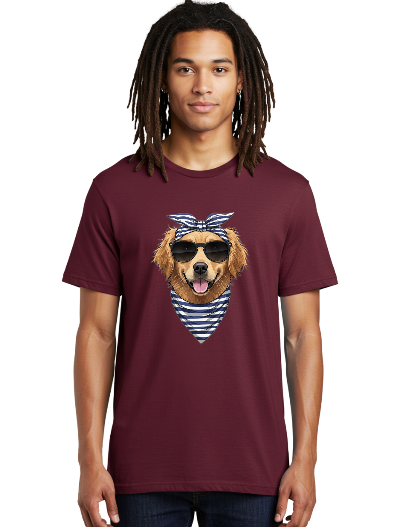Golden-Dog Men'S Graphic Tee, 100% Cotton, Comfortable Casual Summer Wear, Machine Washable, Cool Dog, Dog Wearing Sunglasses, Retro Dog, Dog With Bandana, Cute Canine, Happy Dog, Stylish Pup, Funny Animal Bab965