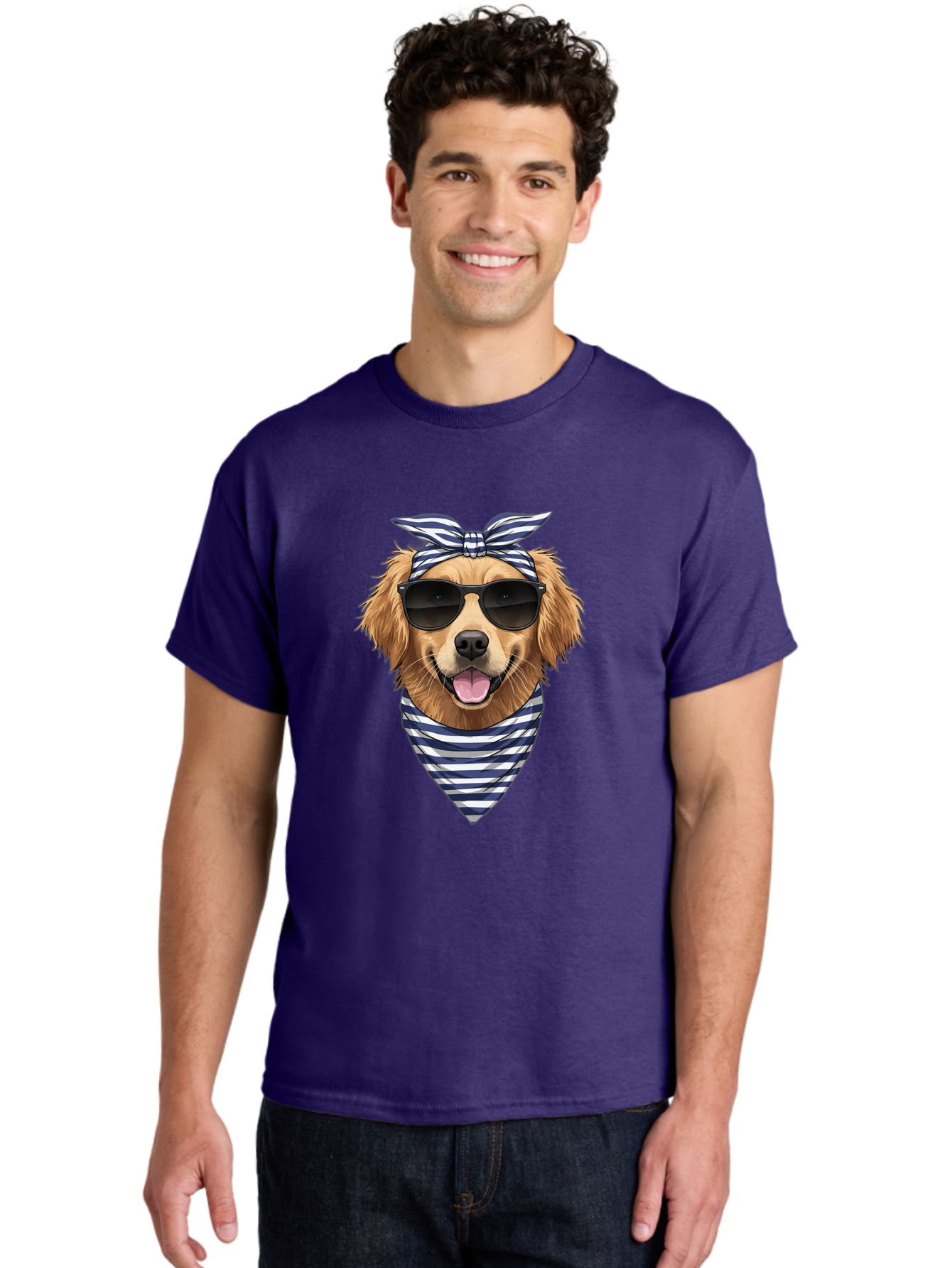 Golden-Dog Men'S Graphic Tee, 100% Cotton, Comfortable Casual Summer Wear, Machine Washable, Cool Dog, Dog Wearing Sunglasses, Retro Dog, Dog With Bandana, Cute Canine, Happy Dog, Stylish Pup, Funny Animal Bab965
