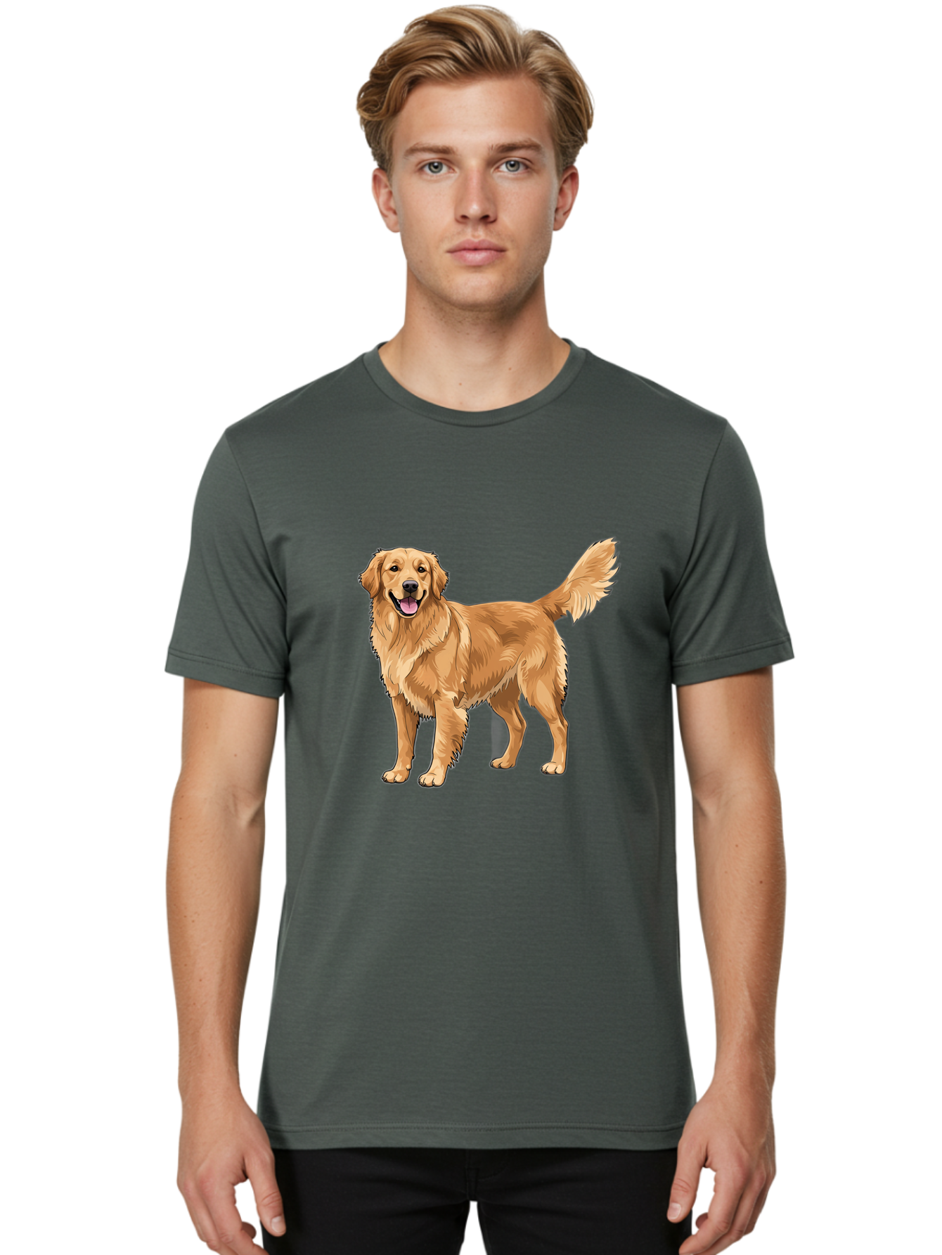 Golden-Retriever-10 Men'S Graphic Tee, 100% Cotton, Comfortable Casual Summer Wear, Machine Washable, Golden Retriever Dog, Golden Fur, Friendly Expression, Wagging Tail, Standing Pose, Canine Companion, Dog Illustration, Fluffy Coat, Bab967