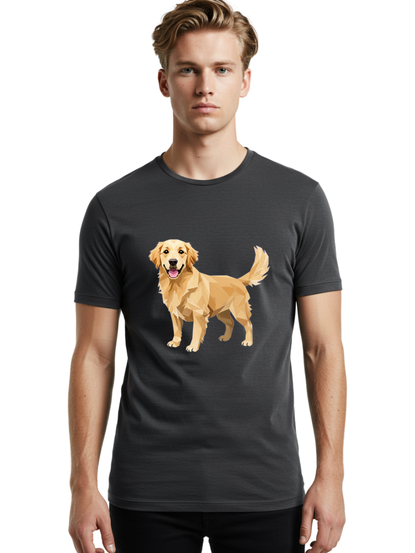 Golden-Retriever-12 Men'S Graphic Tee, 100% Cotton, Comfortable Casual Summer Wear, Machine Washable, Golden Retriever Dog, Happy Canine, Low Poly Art, Dog Illustration, Friendly Dog, Dog Graphics, Pet Illustration, Cute Dog Bab969