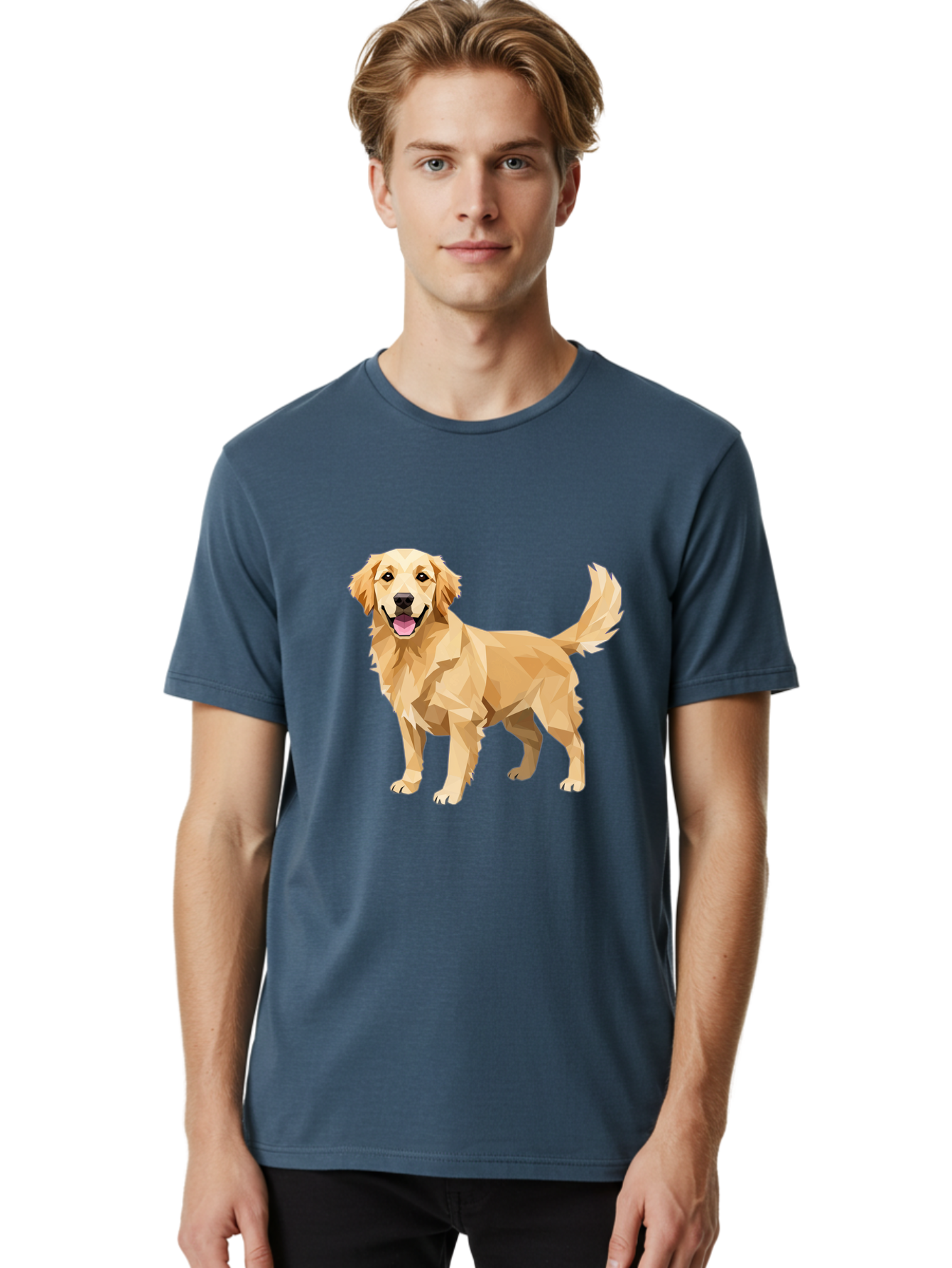 Golden-Retriever-12 Men'S Graphic Tee, 100% Cotton, Comfortable Casual Summer Wear, Machine Washable, Golden Retriever Dog, Happy Canine, Low Poly Art, Dog Illustration, Friendly Dog, Dog Graphics, Pet Illustration, Cute Dog Bab969