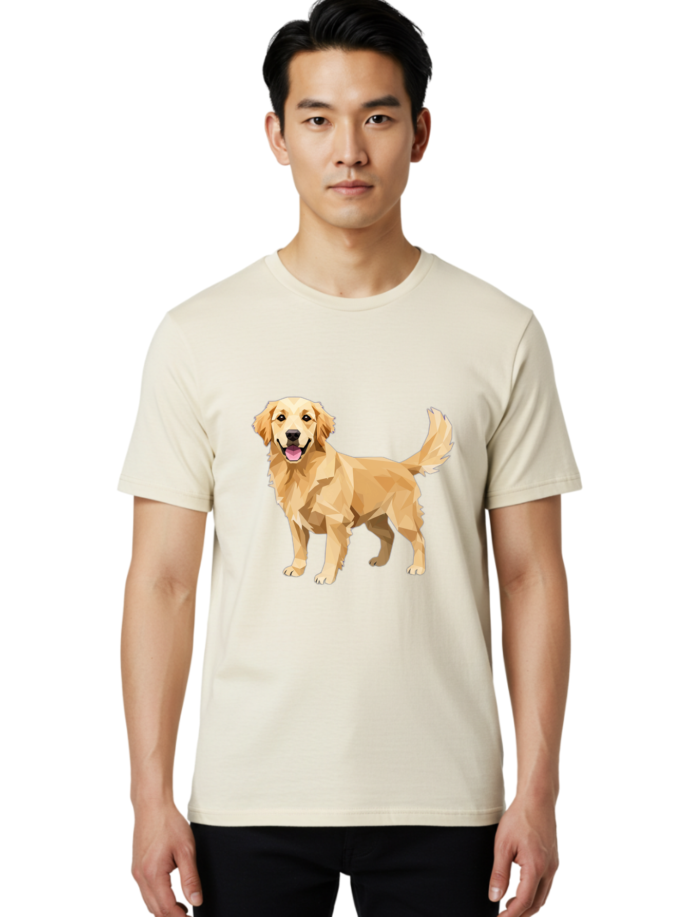 Golden-Retriever-12 Men'S Graphic Tee, 100% Cotton, Comfortable Casual Summer Wear, Machine Washable, Golden Retriever Dog, Happy Canine, Low Poly Art, Dog Illustration, Friendly Dog, Dog Graphics, Pet Illustration, Cute Dog Bab969