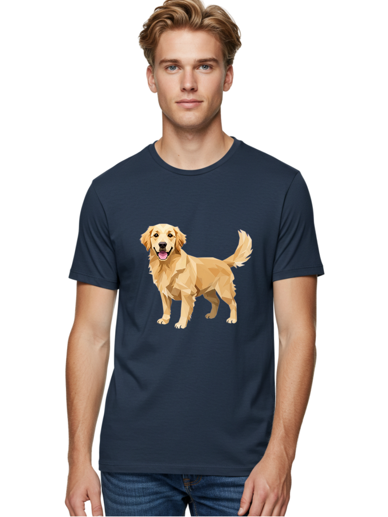Golden-Retriever-12 Men'S Graphic Tee, 100% Cotton, Comfortable Casual Summer Wear, Machine Washable, Golden Retriever Dog, Happy Canine, Low Poly Art, Dog Illustration, Friendly Dog, Dog Graphics, Pet Illustration, Cute Dog Bab969