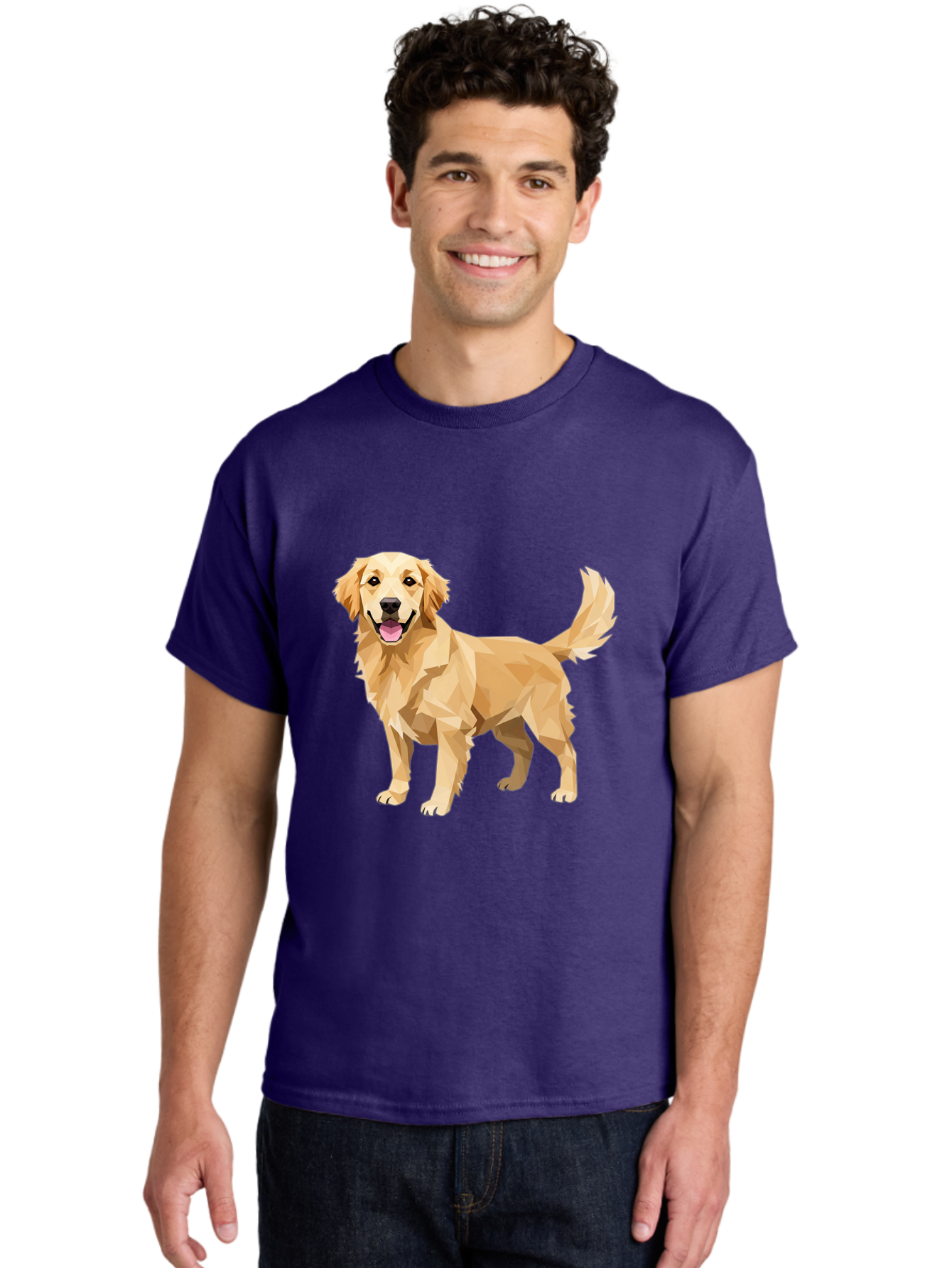 Golden-Retriever-12 Men'S Graphic Tee, 100% Cotton, Comfortable Casual Summer Wear, Machine Washable, Golden Retriever Dog, Happy Canine, Low Poly Art, Dog Illustration, Friendly Dog, Dog Graphics, Pet Illustration, Cute Dog Bab969