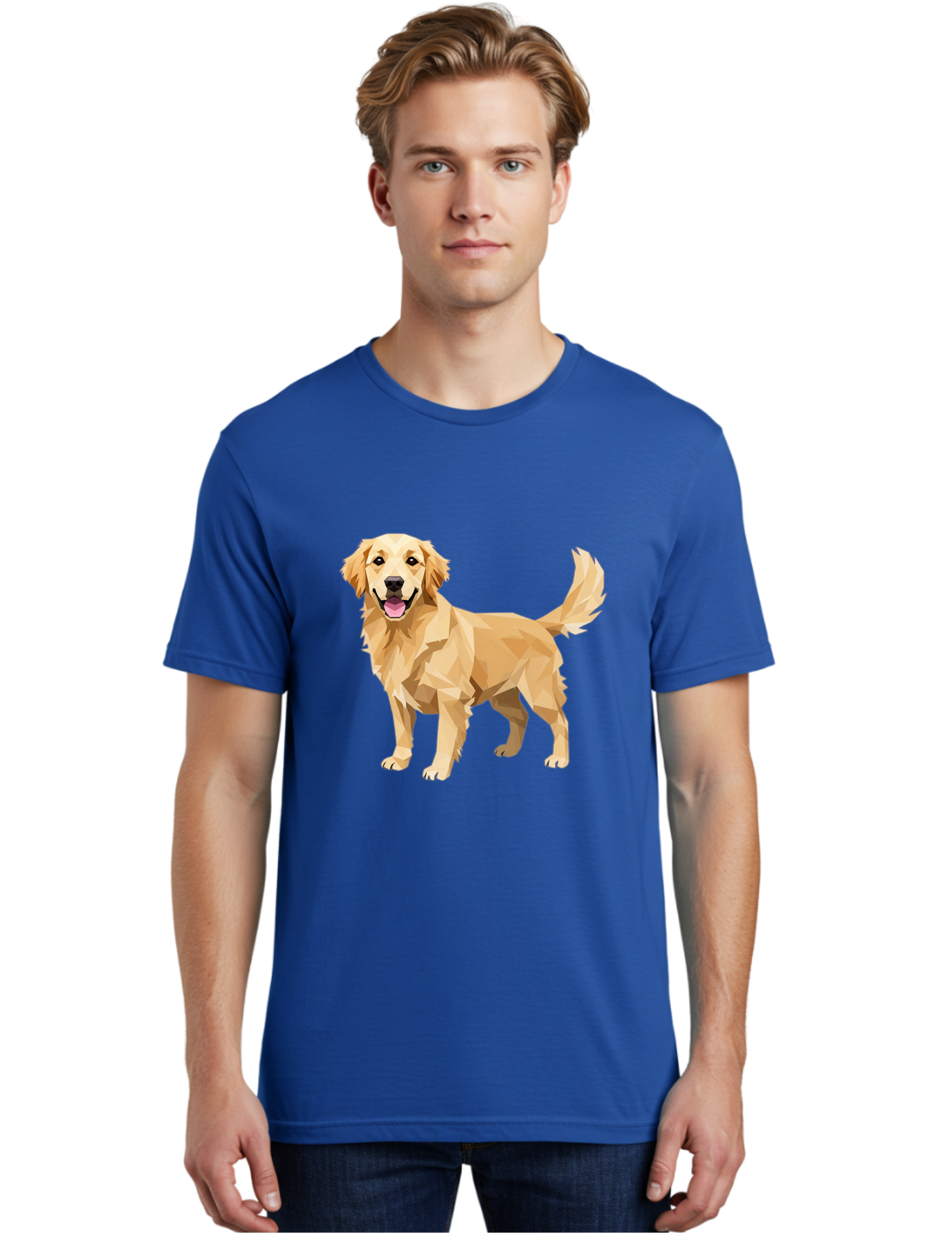 Golden-Retriever-12 Men'S Graphic Tee, 100% Cotton, Comfortable Casual Summer Wear, Machine Washable, Golden Retriever Dog, Happy Canine, Low Poly Art, Dog Illustration, Friendly Dog, Dog Graphics, Pet Illustration, Cute Dog Bab969
