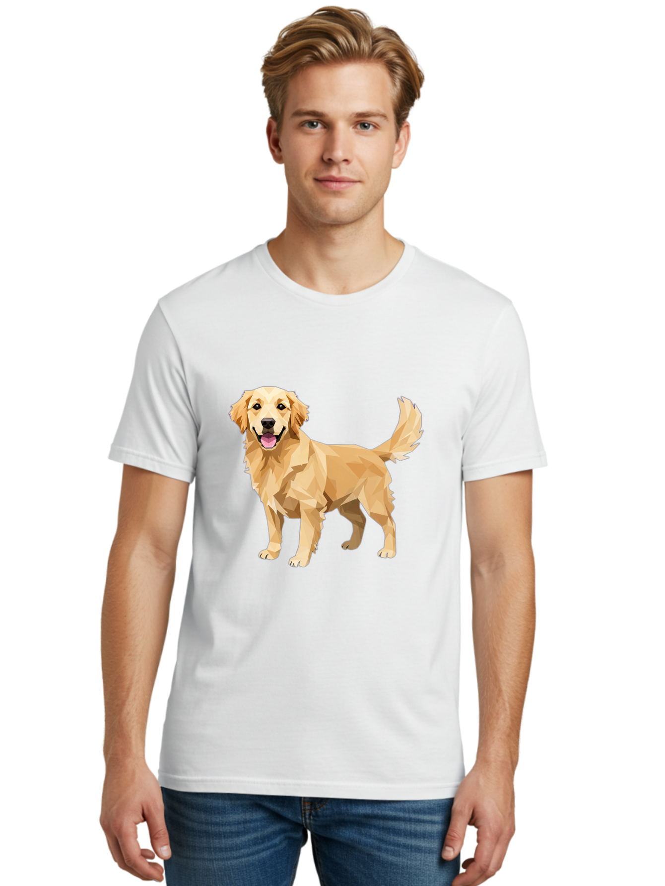Golden-Retriever-12 Men'S Graphic Tee, 100% Cotton, Comfortable Casual Summer Wear, Machine Washable, Golden Retriever Dog, Happy Canine, Low Poly Art, Dog Illustration, Friendly Dog, Dog Graphics, Pet Illustration, Cute Dog Bab969