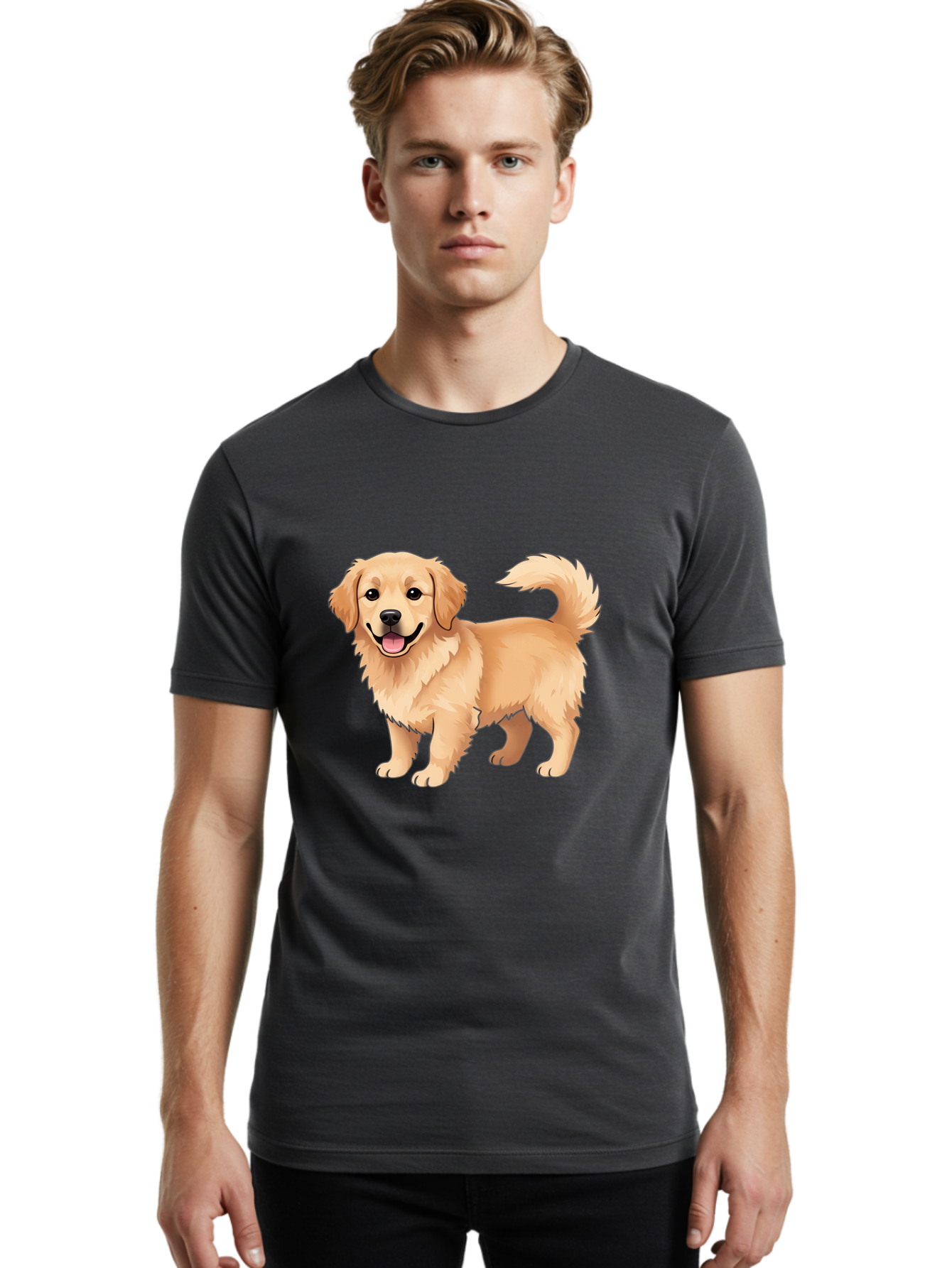 Golden-Retriever-13 Men'S Graphic Tee, 100% Cotton, Comfortable Casual Summer Wear, Machine Washable, Golden Retriever Dog, Happy Expression, Fluffy Fur, Playful Demeanor, Friendly Animal, Cartoon Style, Golden Coat, Dog Illustration, Bab970