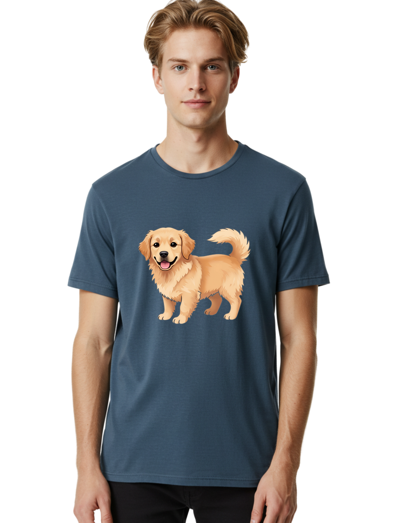 Golden-Retriever-13 Men'S Graphic Tee, 100% Cotton, Comfortable Casual Summer Wear, Machine Washable, Golden Retriever Dog, Happy Expression, Fluffy Fur, Playful Demeanor, Friendly Animal, Cartoon Style, Golden Coat, Dog Illustration, Bab970