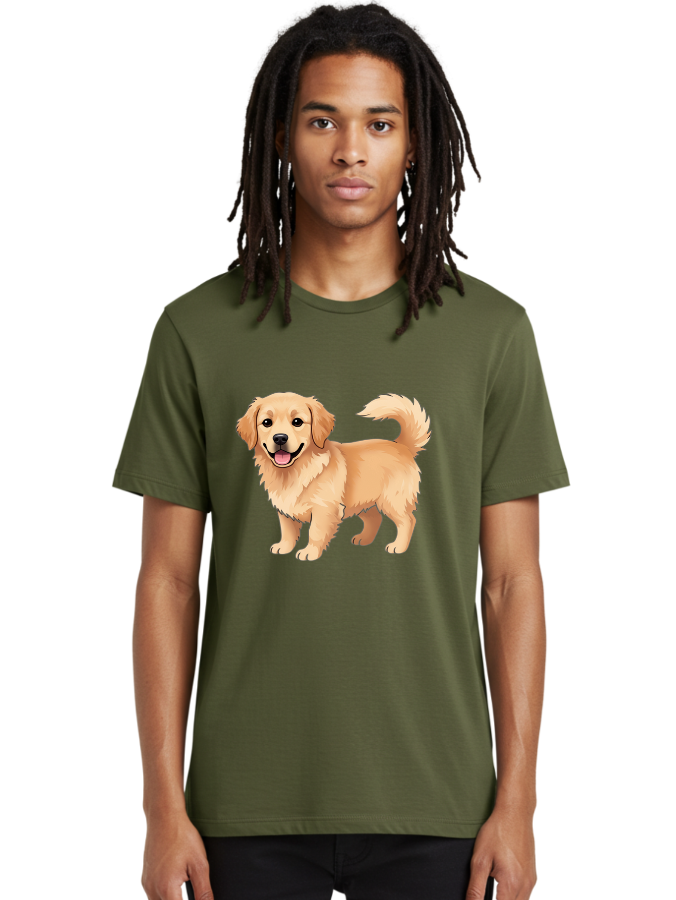 Golden-Retriever-13 Men'S Graphic Tee, 100% Cotton, Comfortable Casual Summer Wear, Machine Washable, Golden Retriever Dog, Happy Expression, Fluffy Fur, Playful Demeanor, Friendly Animal, Cartoon Style, Golden Coat, Dog Illustration, Bab970