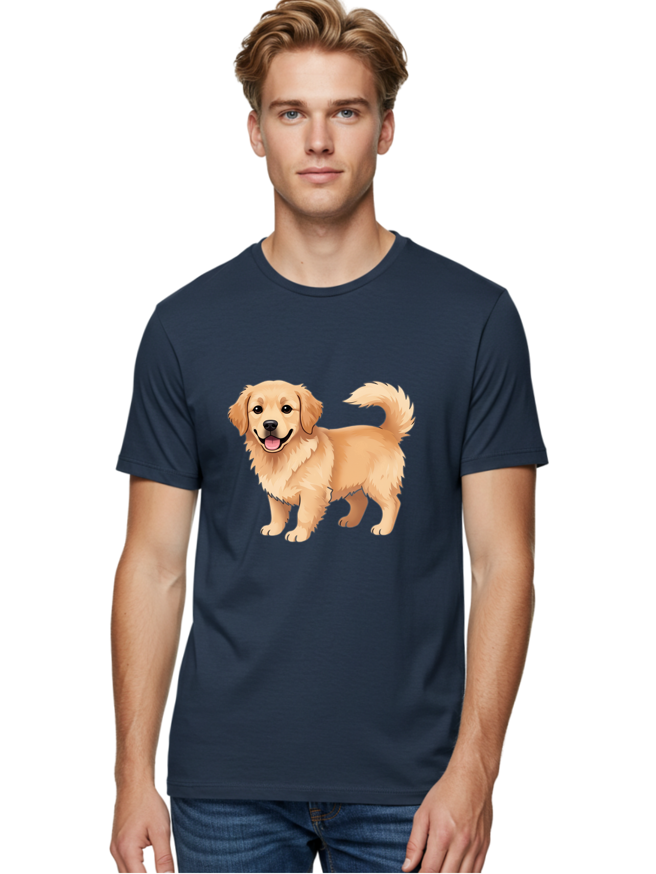 Golden-Retriever-13 Men'S Graphic Tee, 100% Cotton, Comfortable Casual Summer Wear, Machine Washable, Golden Retriever Dog, Happy Expression, Fluffy Fur, Playful Demeanor, Friendly Animal, Cartoon Style, Golden Coat, Dog Illustration, Bab970