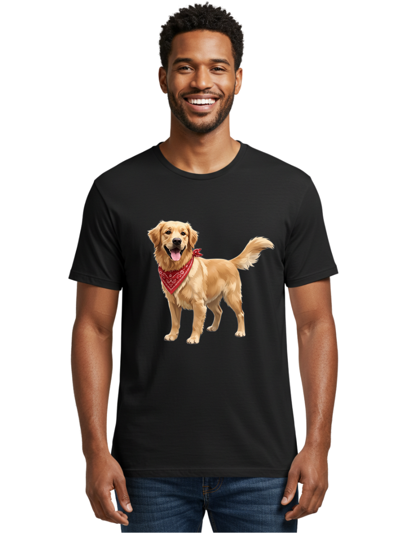 Golden-Retriever-14 Men'S Graphic Tee, 100% Cotton, Comfortable Casual Summer Wear, Machine Washable, Golden Retriever Dog, Red Bandana, Happy Dog, Friendly Pet, Canine Companion, Dog Illustration, Adorable Animal, Pet Portrait, Bab971