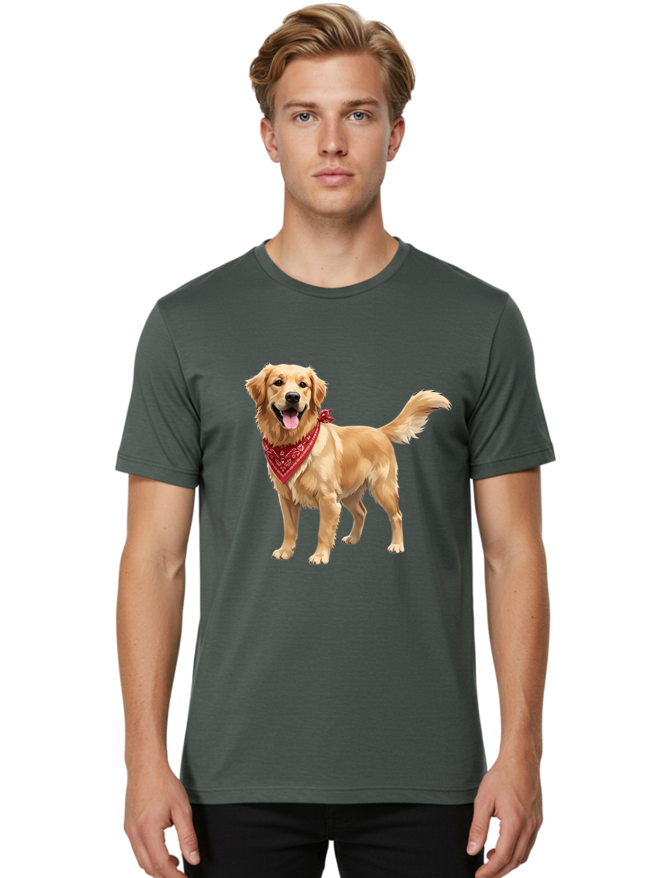 Golden-Retriever-14 Men'S Graphic Tee, 100% Cotton, Comfortable Casual Summer Wear, Machine Washable, Golden Retriever Dog, Red Bandana, Happy Dog, Friendly Pet, Canine Companion, Dog Illustration, Adorable Animal, Pet Portrait, Bab971
