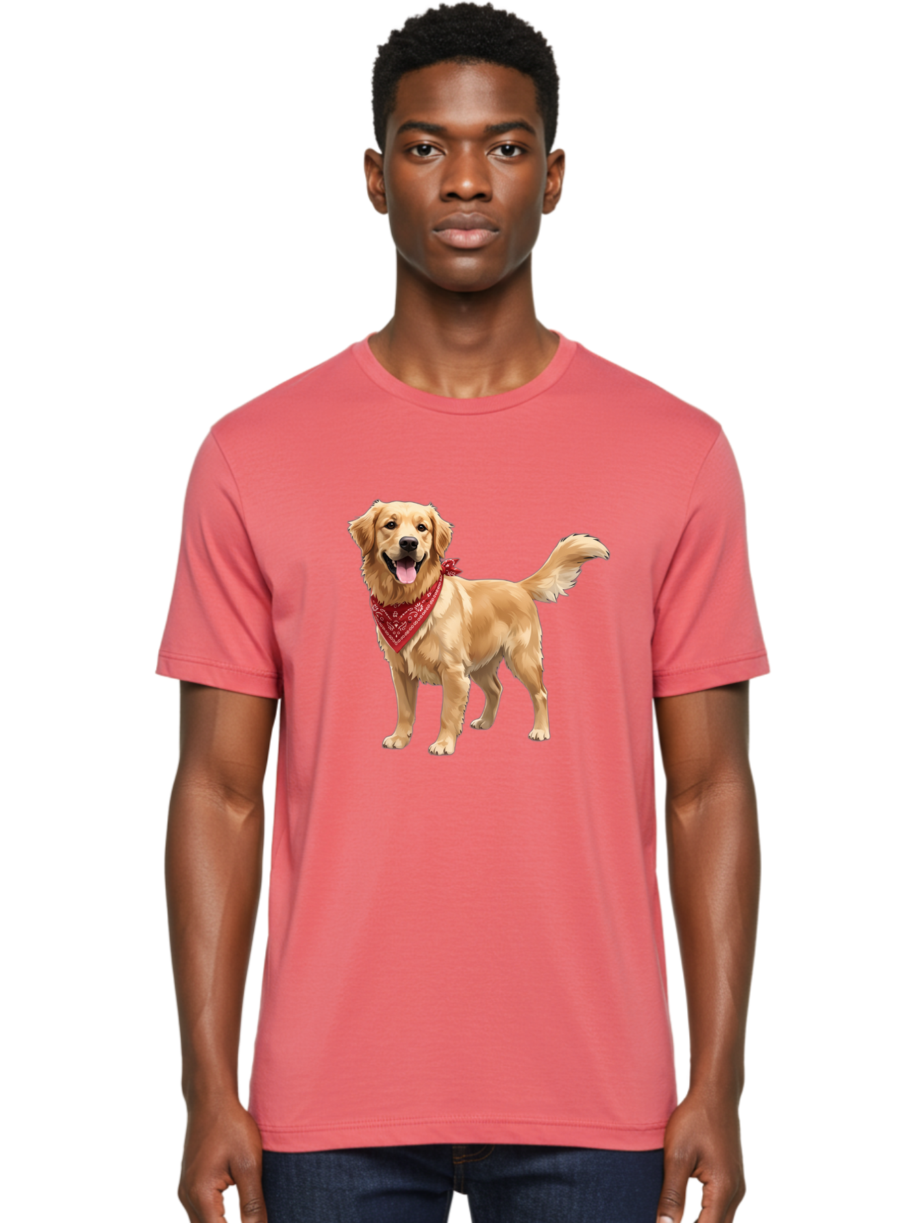 Golden-Retriever-14 Men'S Graphic Tee, 100% Cotton, Comfortable Casual Summer Wear, Machine Washable, Golden Retriever Dog, Red Bandana, Happy Dog, Friendly Pet, Canine Companion, Dog Illustration, Adorable Animal, Pet Portrait, Bab971