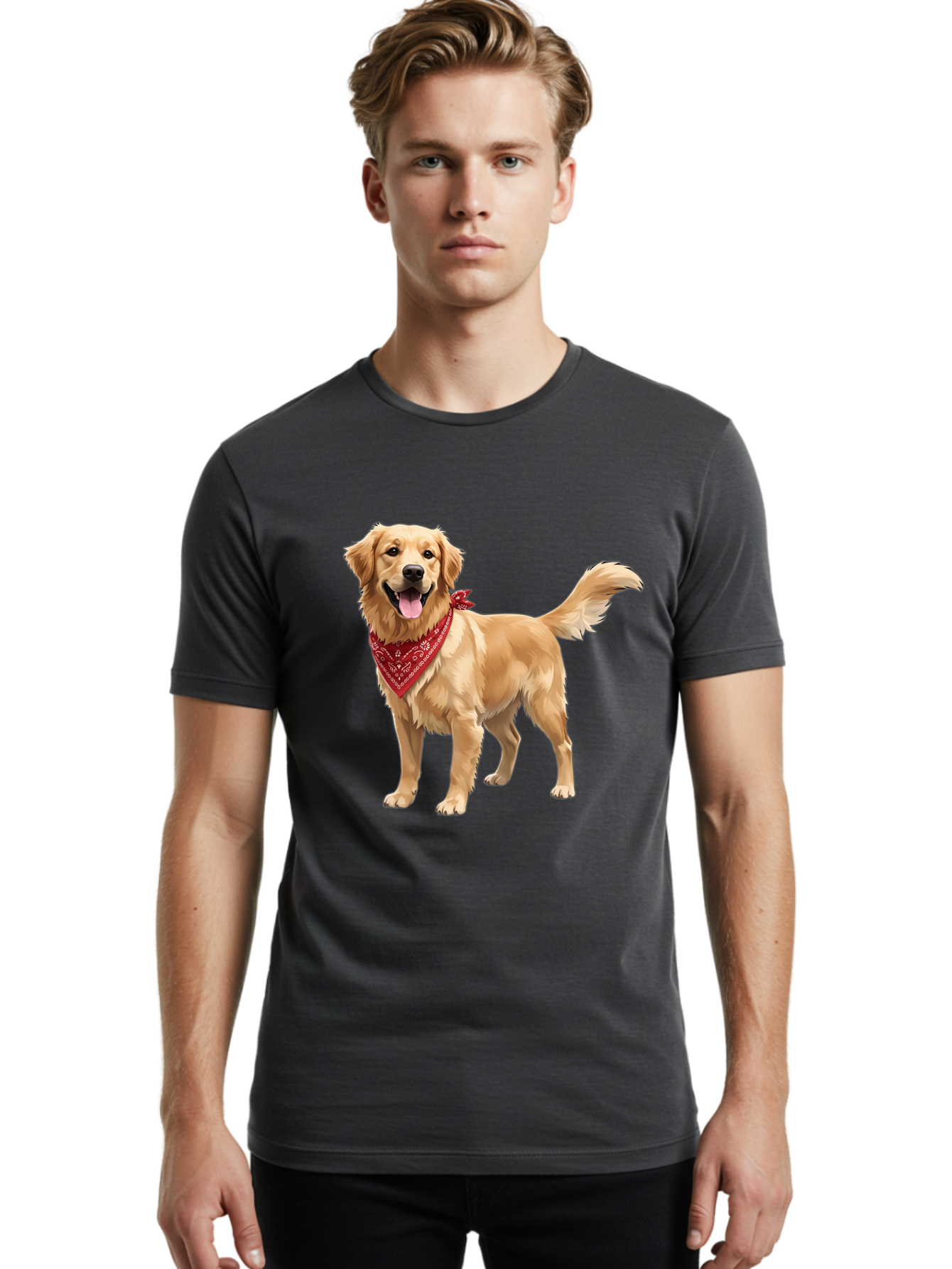 Golden-Retriever-14 Men'S Graphic Tee, 100% Cotton, Comfortable Casual Summer Wear, Machine Washable, Golden Retriever Dog, Red Bandana, Happy Dog, Friendly Pet, Canine Companion, Dog Illustration, Adorable Animal, Pet Portrait, Bab971